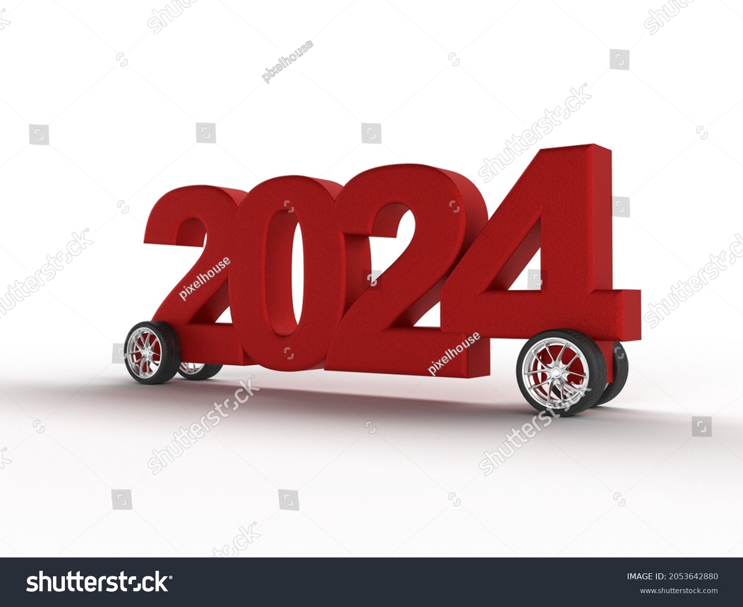 Red Inscription 2024 On Wheels Celebrate Stock Illustration 2053642880   Stock Photo Red Inscription On Wheels To Celebrate The New Year Funny Car With Stars In The Background 2053642880 