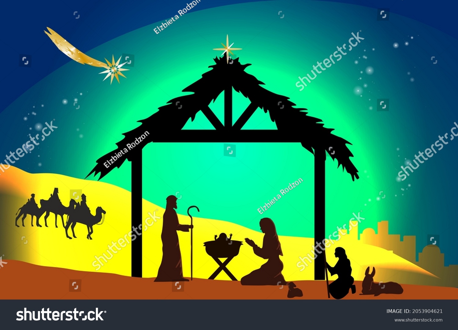Composition That Depicts Birth Christ Stable Stock Illustration ...