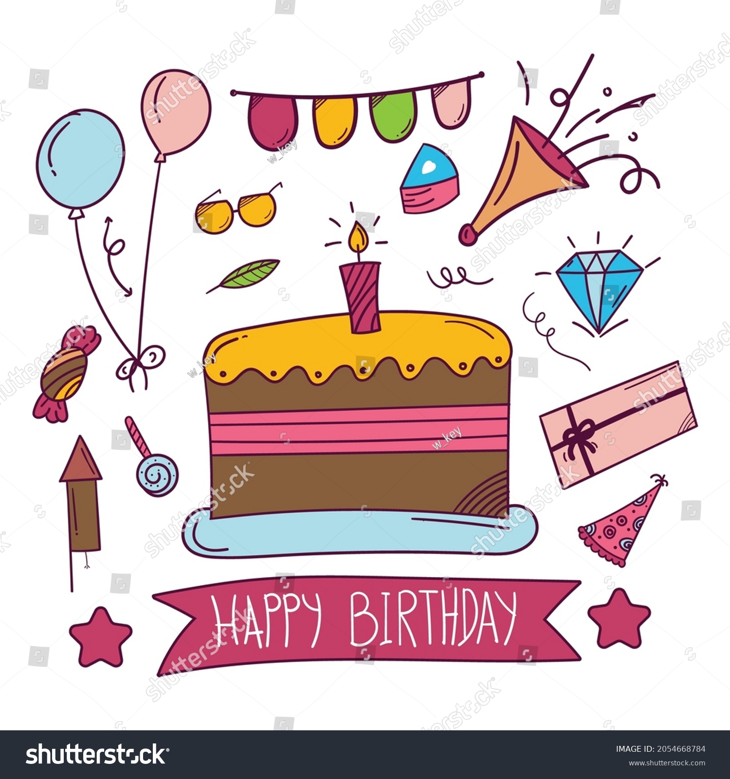 Happy Birthday Hand Drawn Sticker Doodle Stock Vector (Royalty Free ...