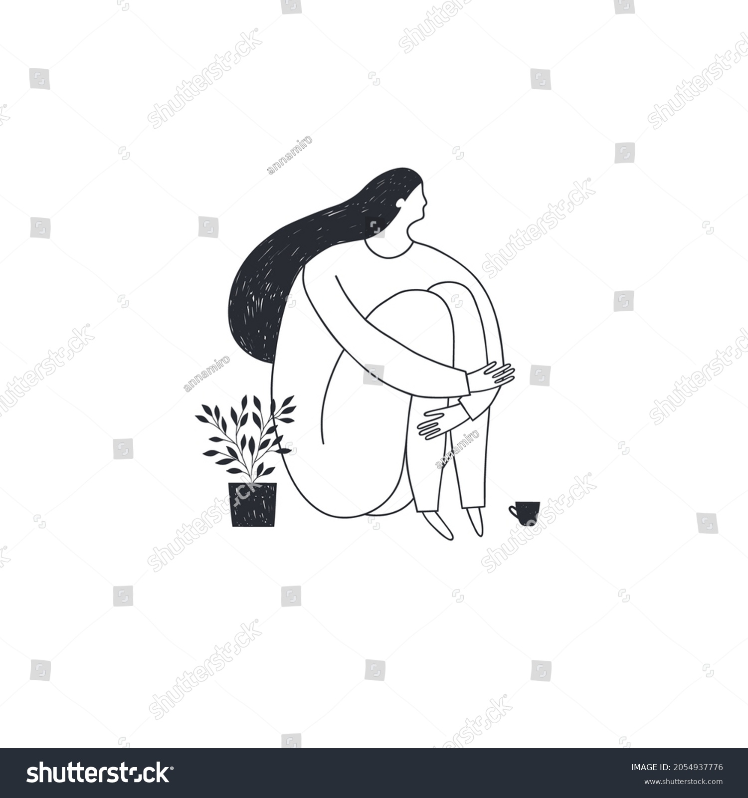 Illustration Pensive Girl Sitting Hugging Her Stock Vector (Royalty ...