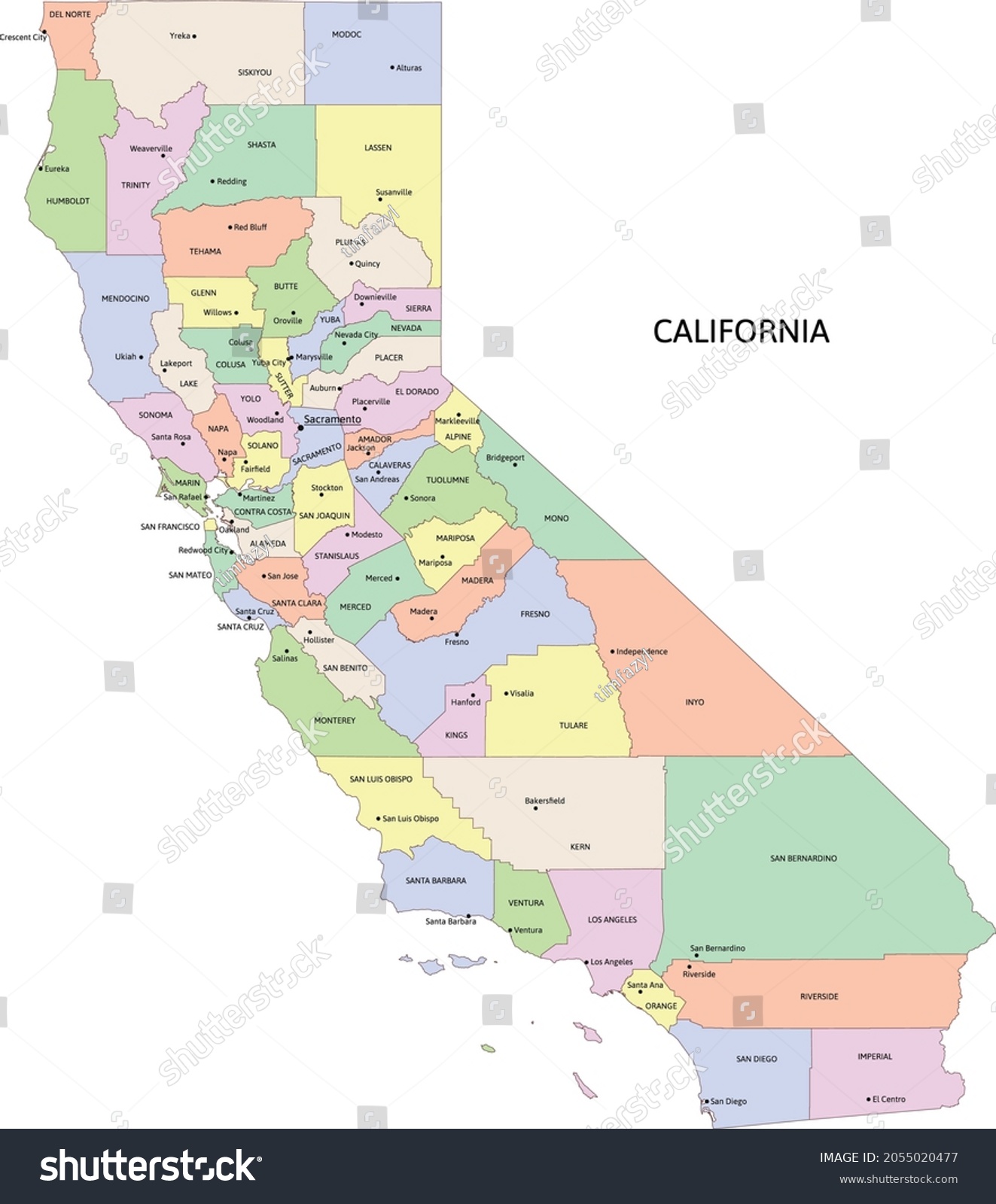 California State Administrative Map Counties Seats Stock Vector ...