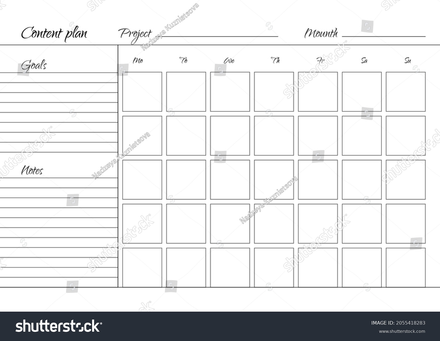 Template Monthly Content Plan Planner Printing Stock Illustration ...