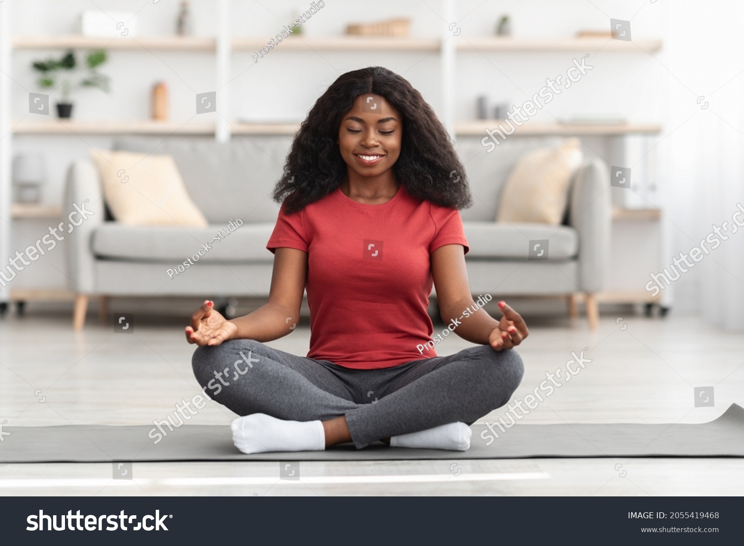 Peaceful Young Black Woman Sportswear Sitting Stock Photo 2055419468 ...