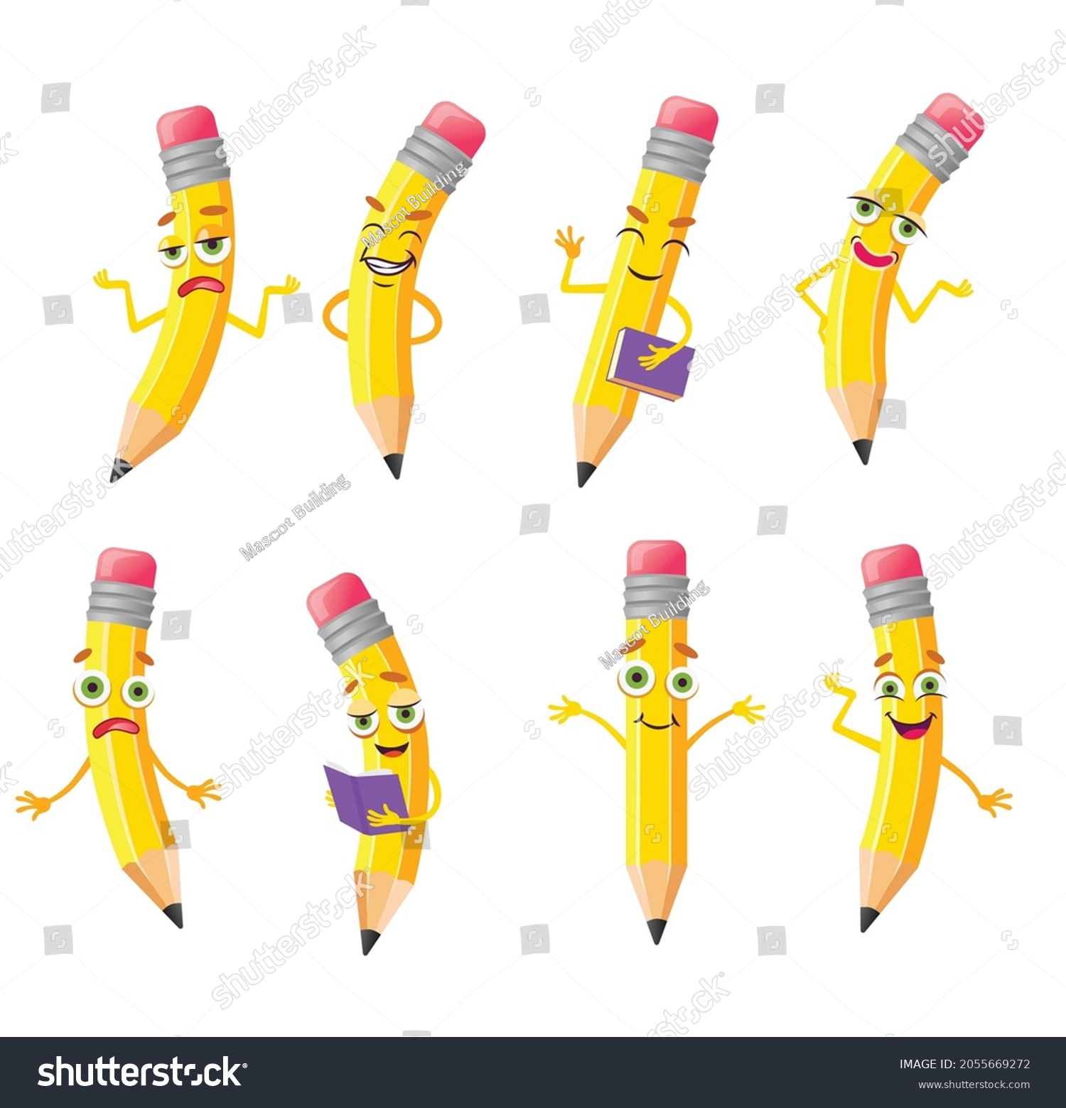 Cute Pencil Cartoon Character Illustrations Set Stock Vector (Royalty ...