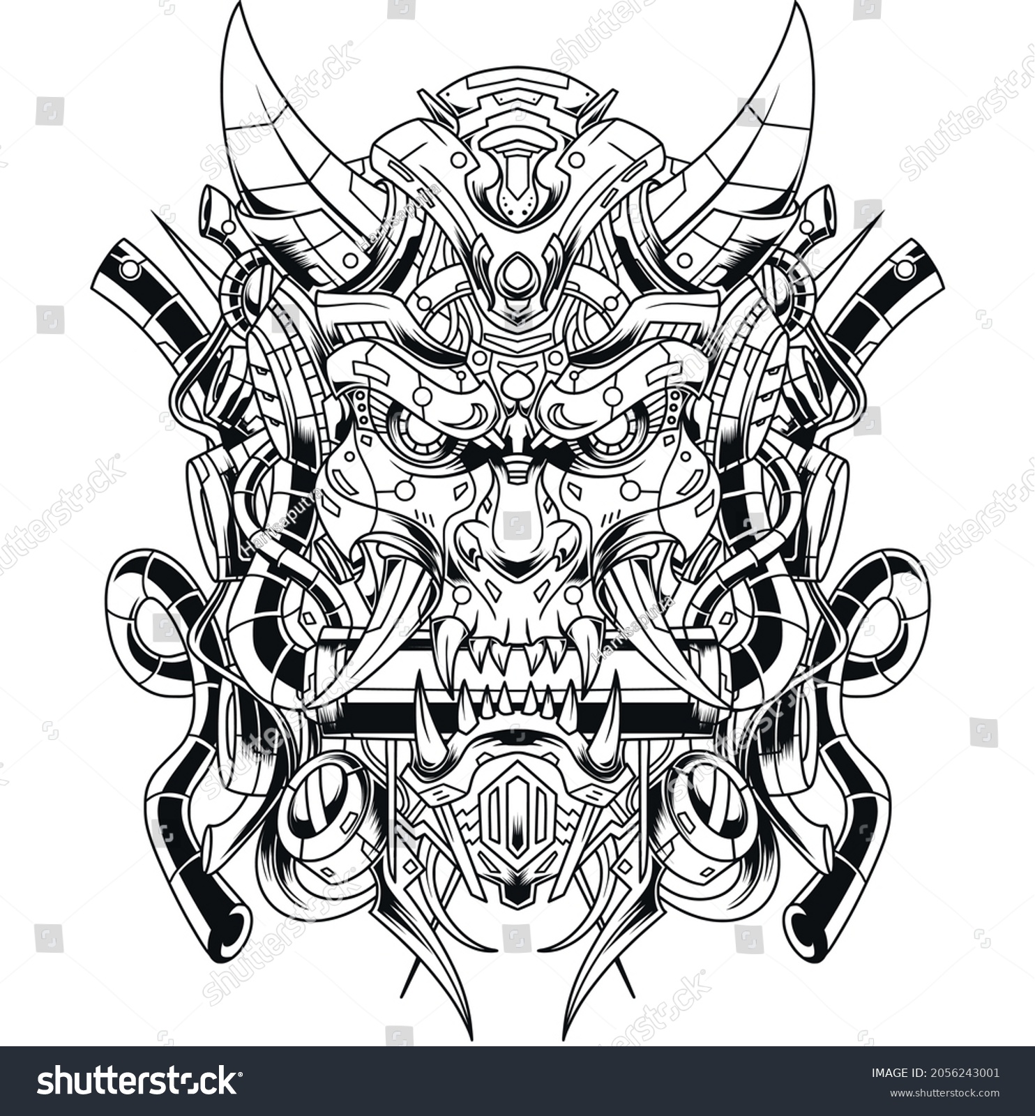 Oni Robot Illustration Line Art Drawing Stock Vector (Royalty Free ...