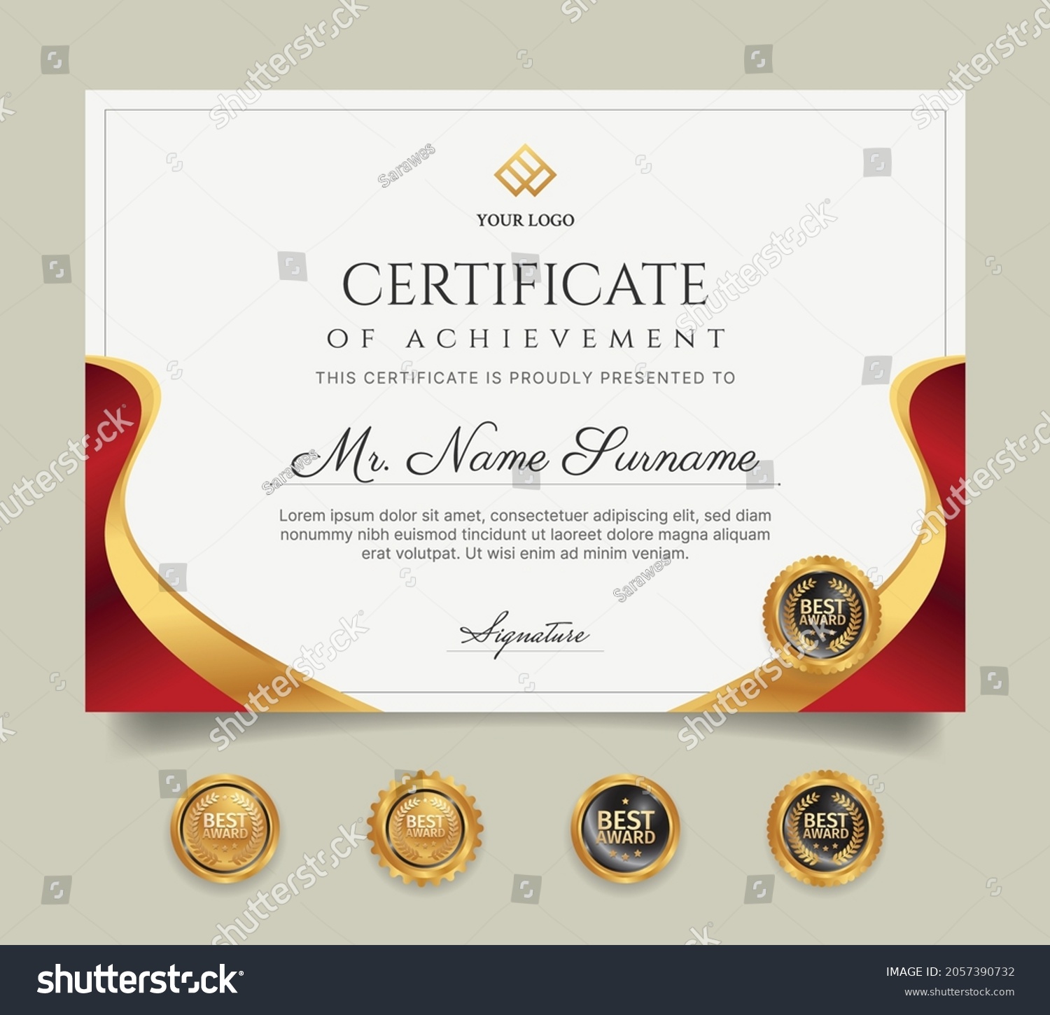 Certificate Template Gold Red Ribbon Badges Stock Vector (Royalty Free ...