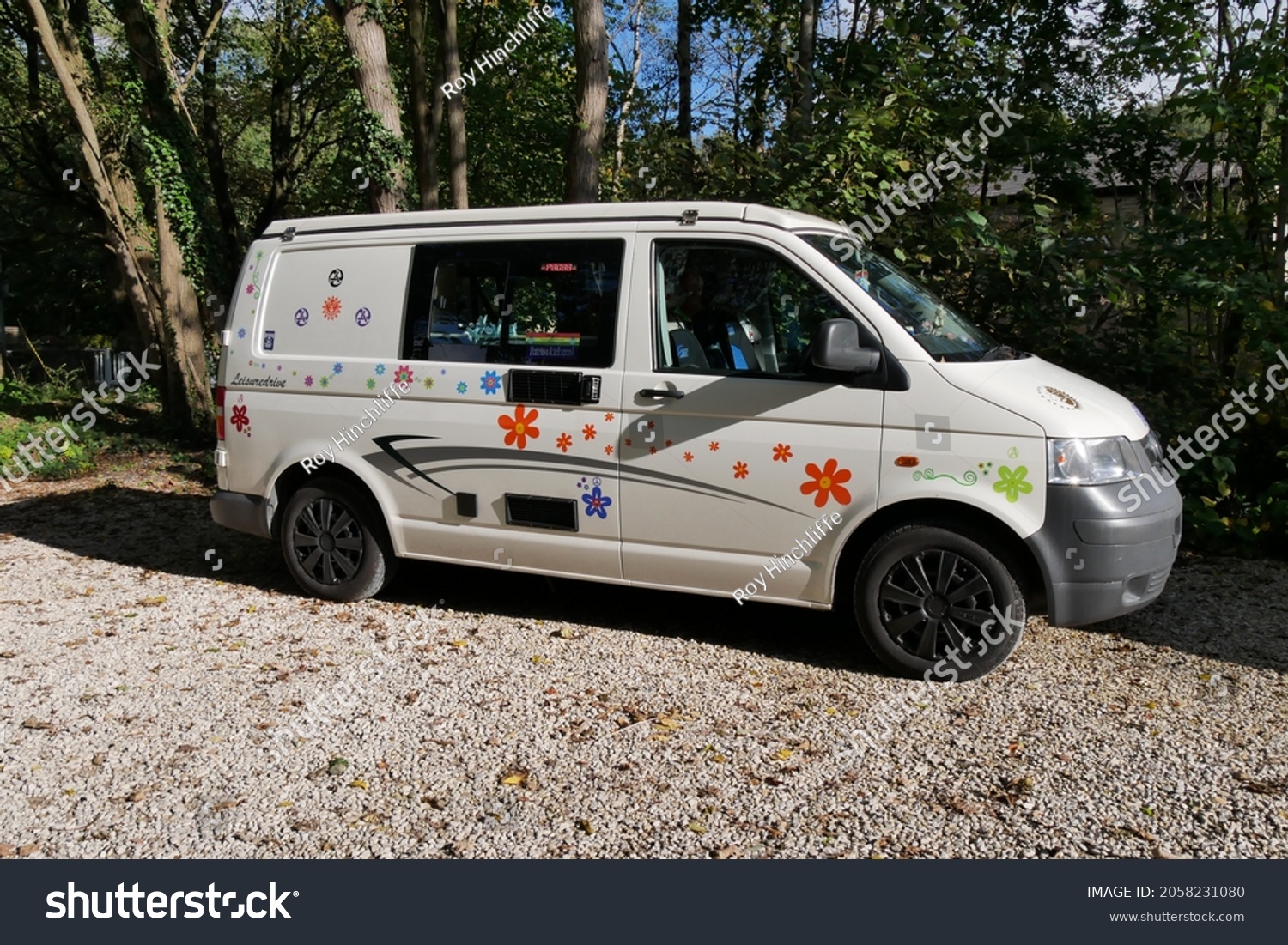 White Campervan Side Decorations Black Wheels Stock Photo 2058231080