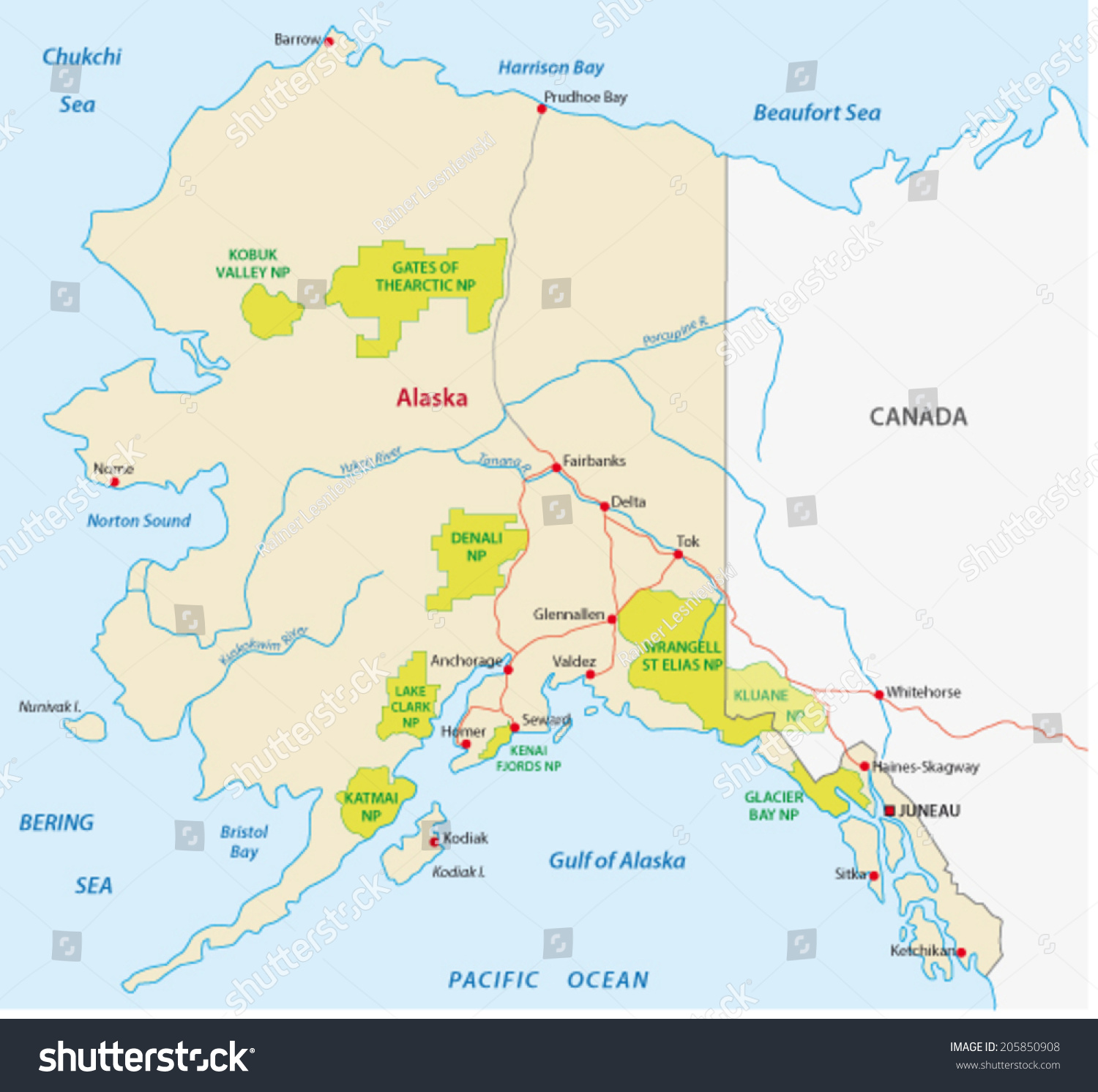 Alaska National Park Map Stock Vector (Royalty Free) 205850908 ...