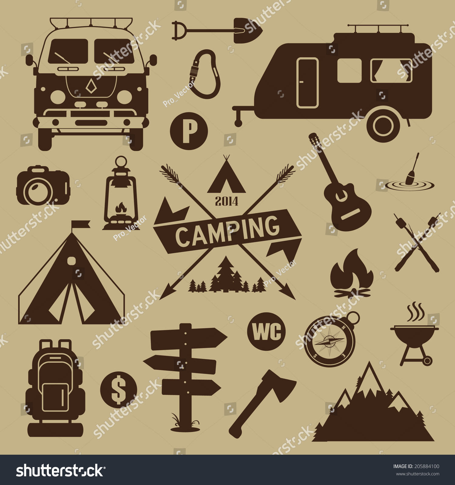 Set Camping Icons Equipment Stock Vector (Royalty Free) 205884100 ...