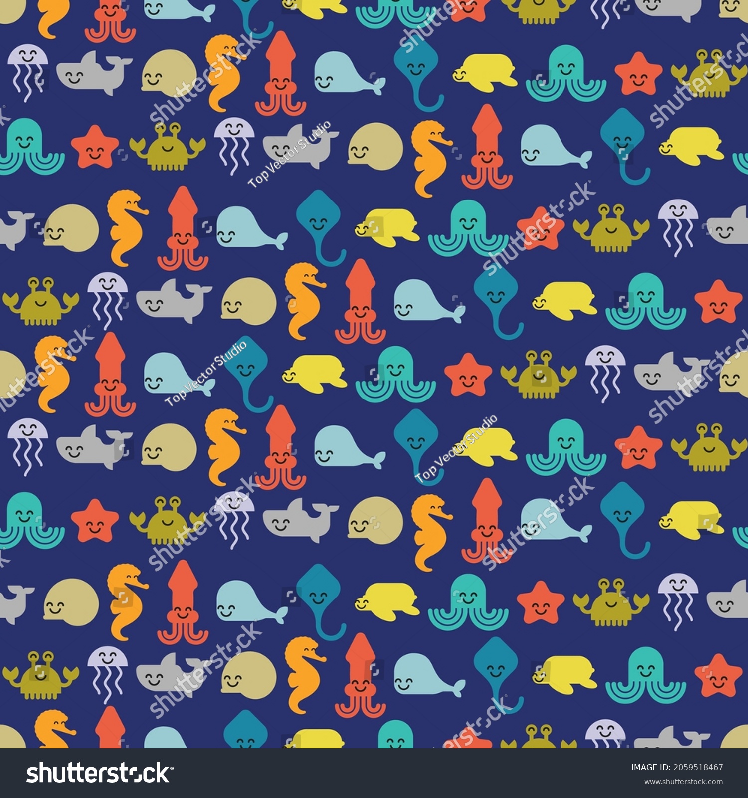 Cute Sea Animals Pattern Seamless Cartoon Stock Vector (Royalty Free ...