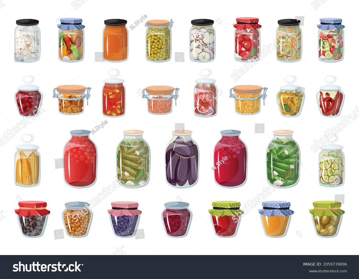 Collection Food Marinades Glass Jars Vegetable Stock Vector Royalty