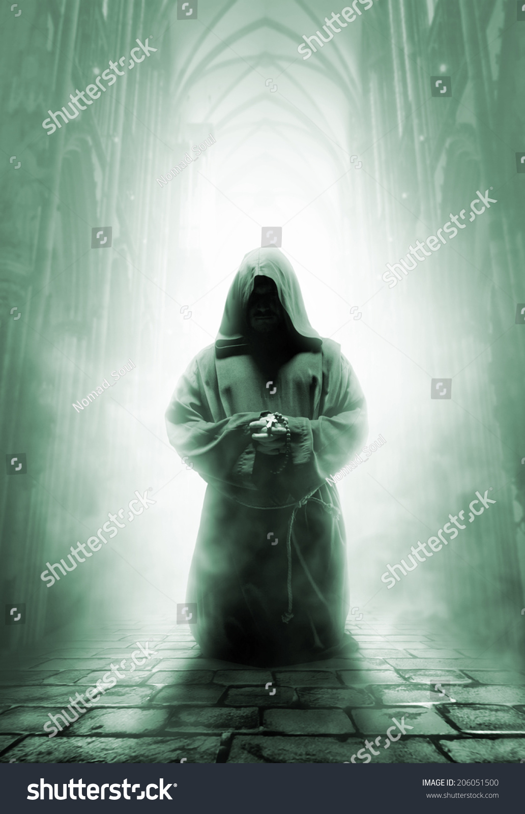 Praying Medieval Monk Dark Temple Corridor Stock Photo 206051500 ...