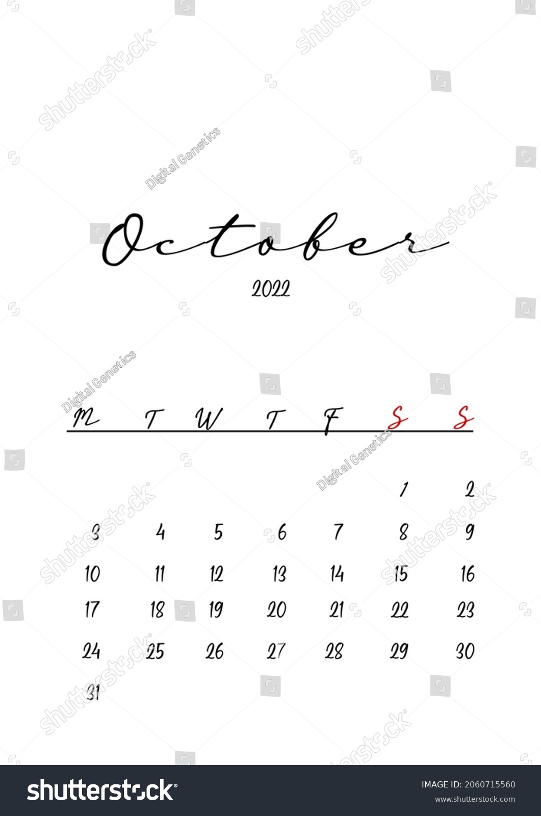 2022 October Month Calendar Template Minimalistic Stock Illustration