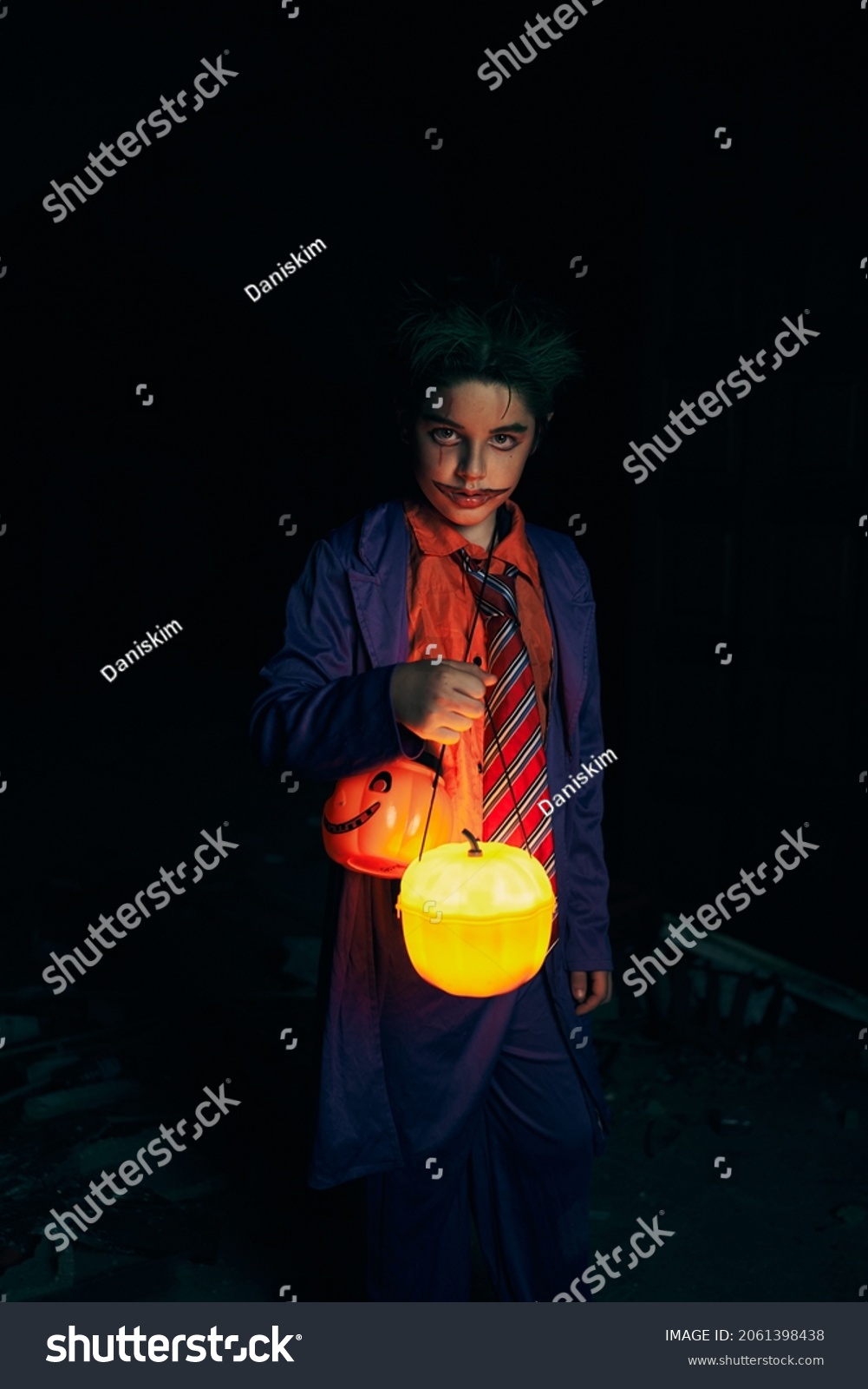 Scary Boy Makeup Jester Outfit Glowing Stock Photo 2061398438