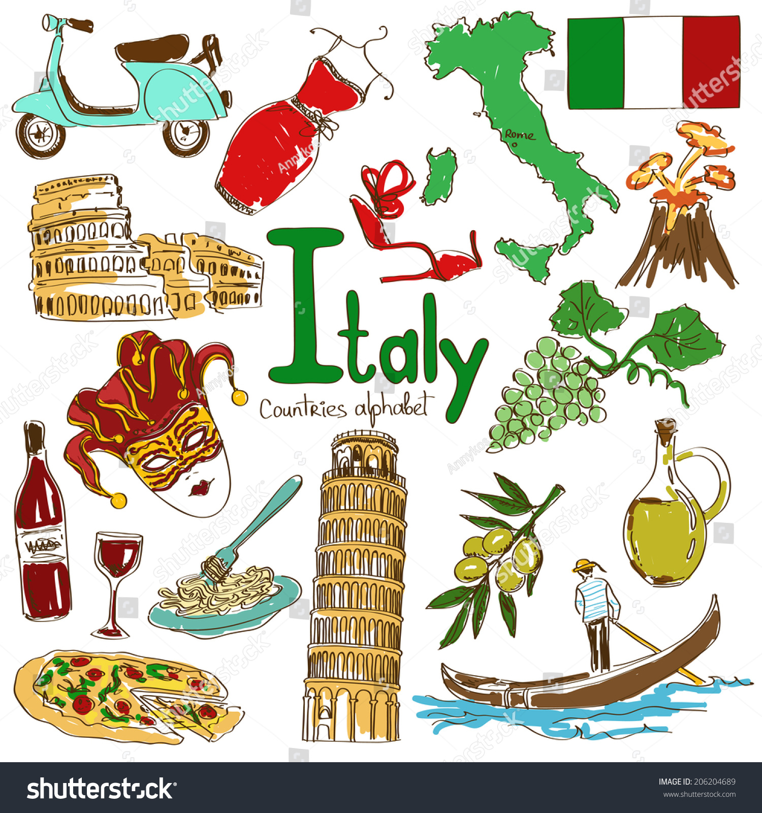 Fun Colorful Sketch Collection Italy Icons Stock Vector (Royalty Free ...