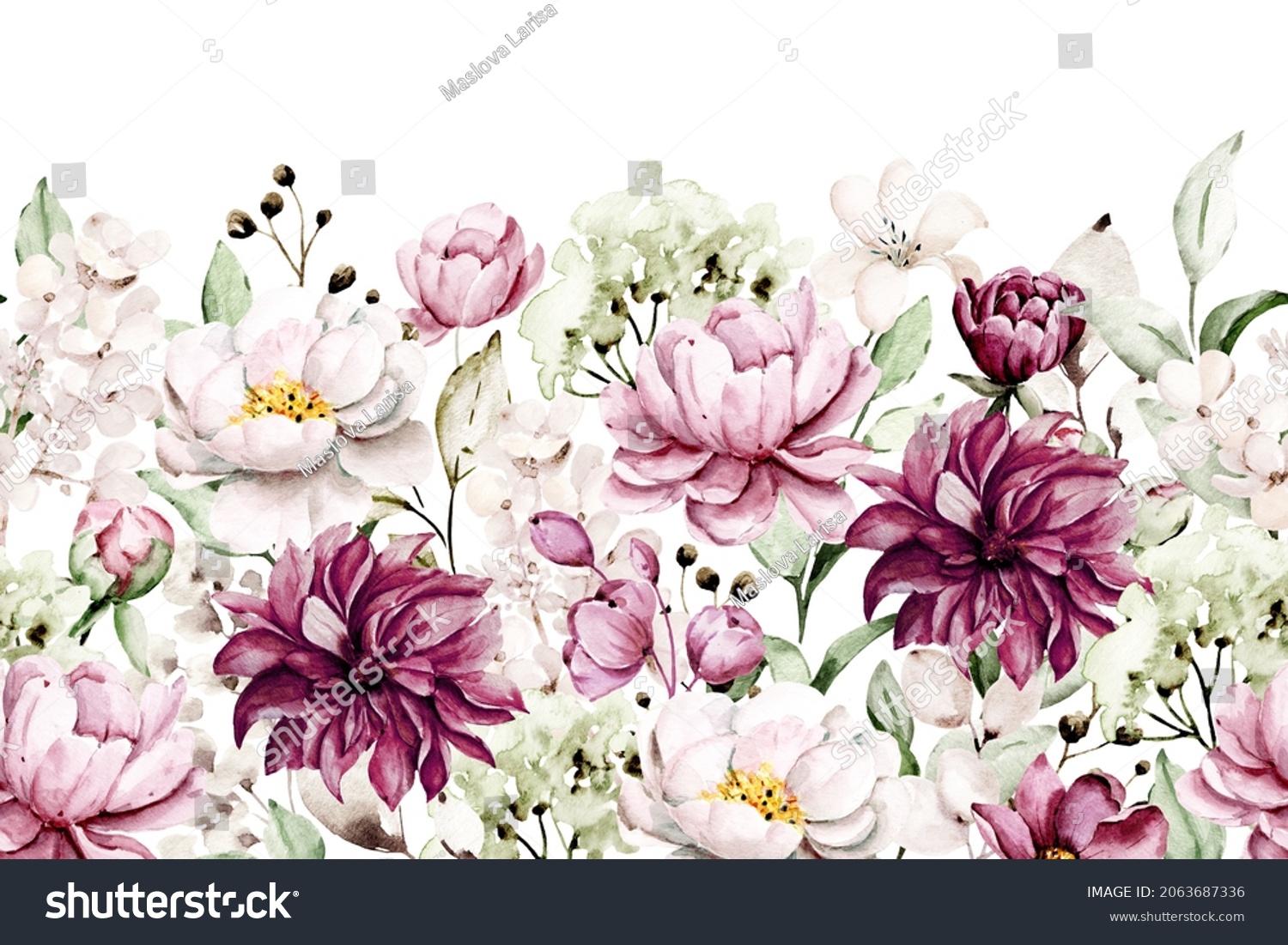 Watercolor Flowers Peonies Floral Repeating Border Stock Illustration ...