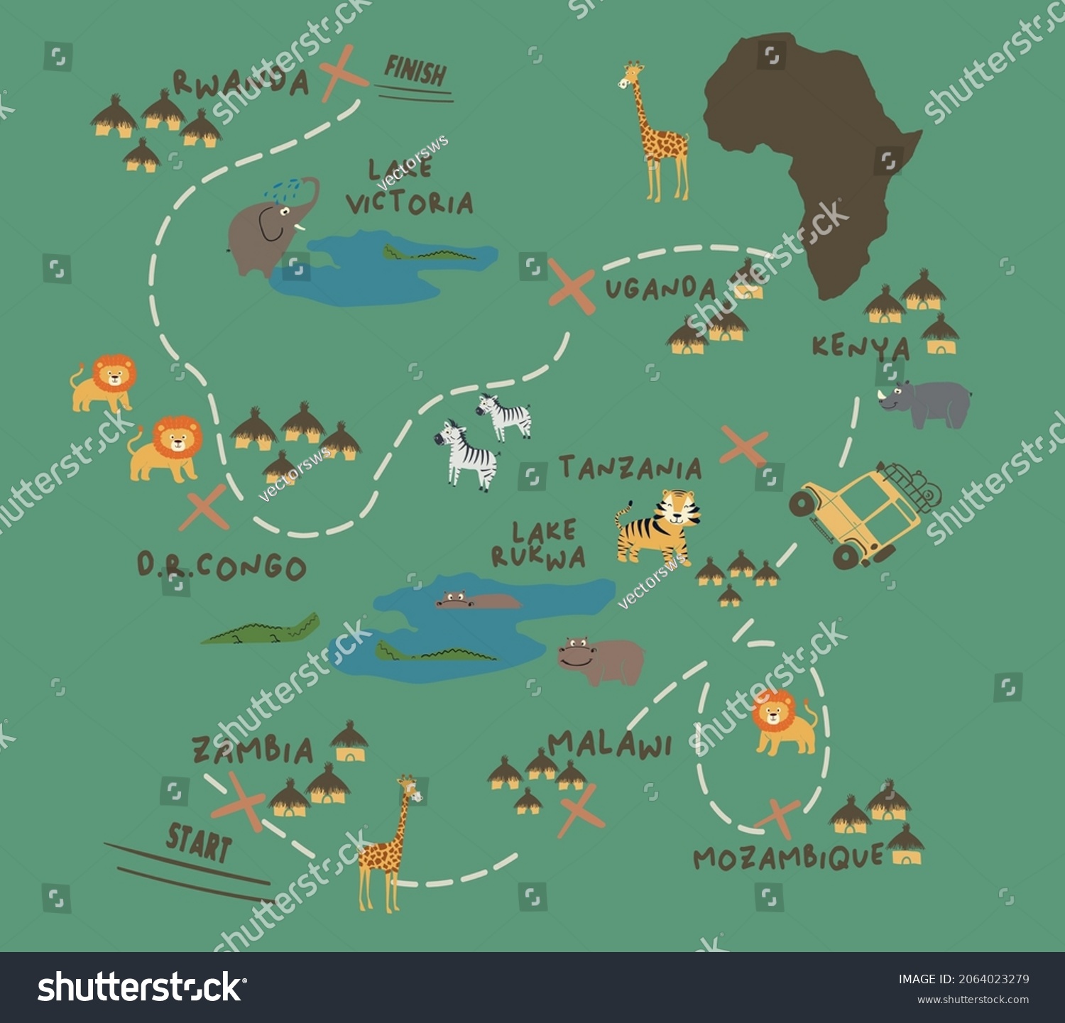 Stock Vector Africa Safari Tour Map And Vector Animal Illustrtaion 2064023279 