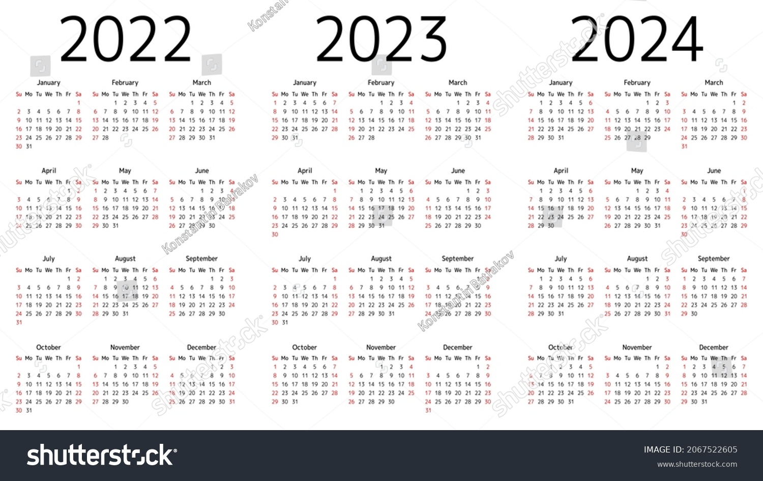 English Calendars Set 2022 2023 2024 Stock Vector (royalty Free 