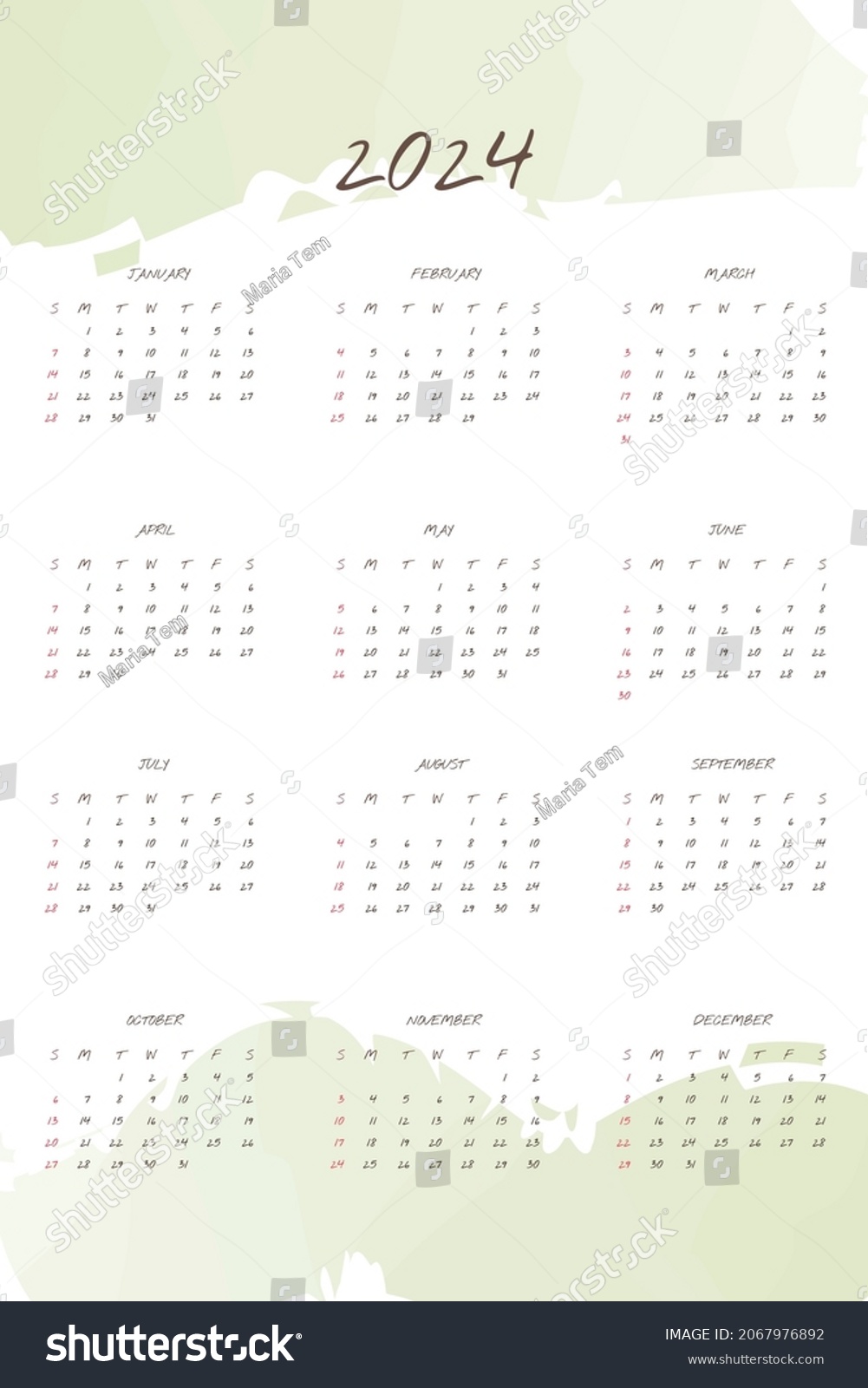 2024 Calendar Handwritten Font Gentle Abstract Stock Vector (Royalty ...