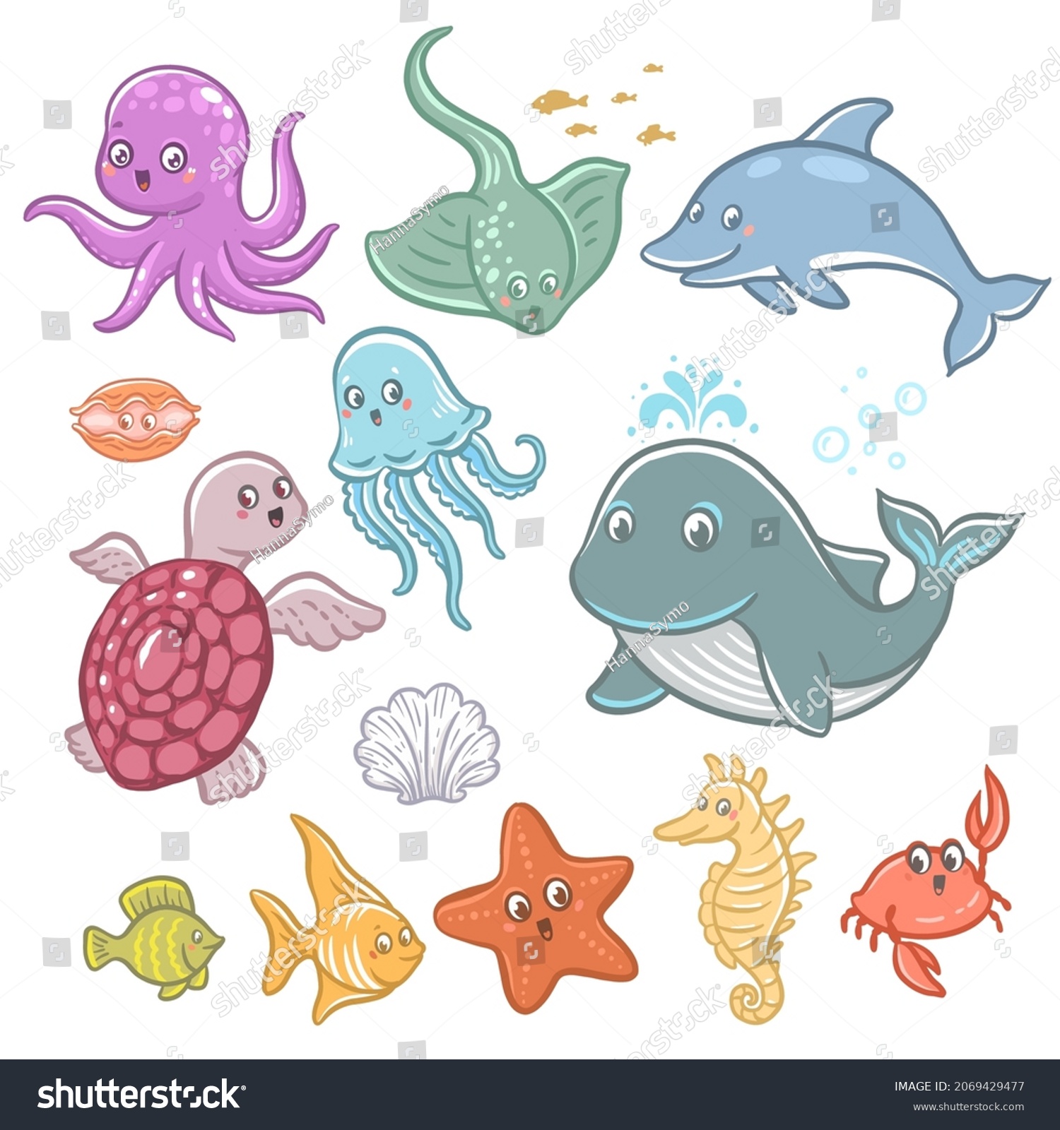 Set Underwater Characters Vector Hand Drawn Stock Vector (Royalty Free ...