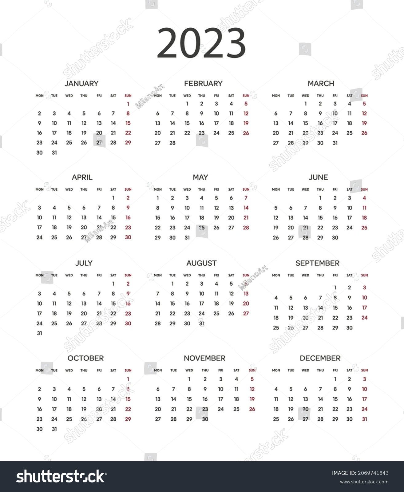 Simple Calendar 2023 Yearweek Starts Monday Stock Vector (Royalty Free ...