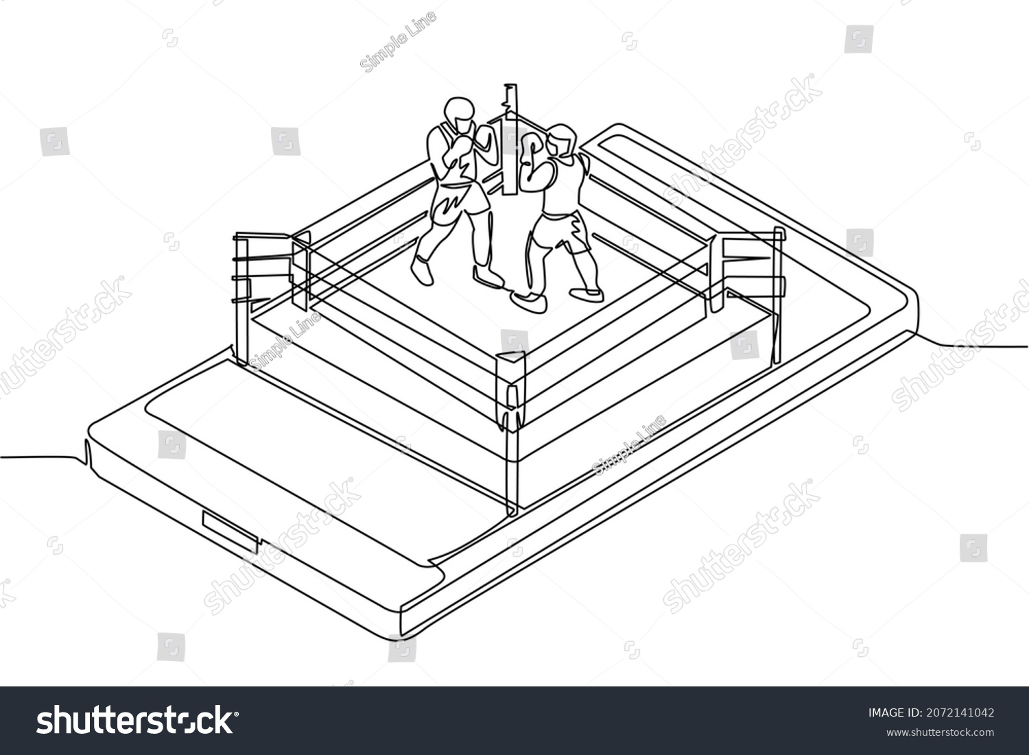 Single Continuous Line Drawing Boxing Ring Stock Vector Royalty Free   Stock Vector Single Continuous Line Drawing Boxing Ring With Two Boxers On Smartphone Screen Professional 2072141042 