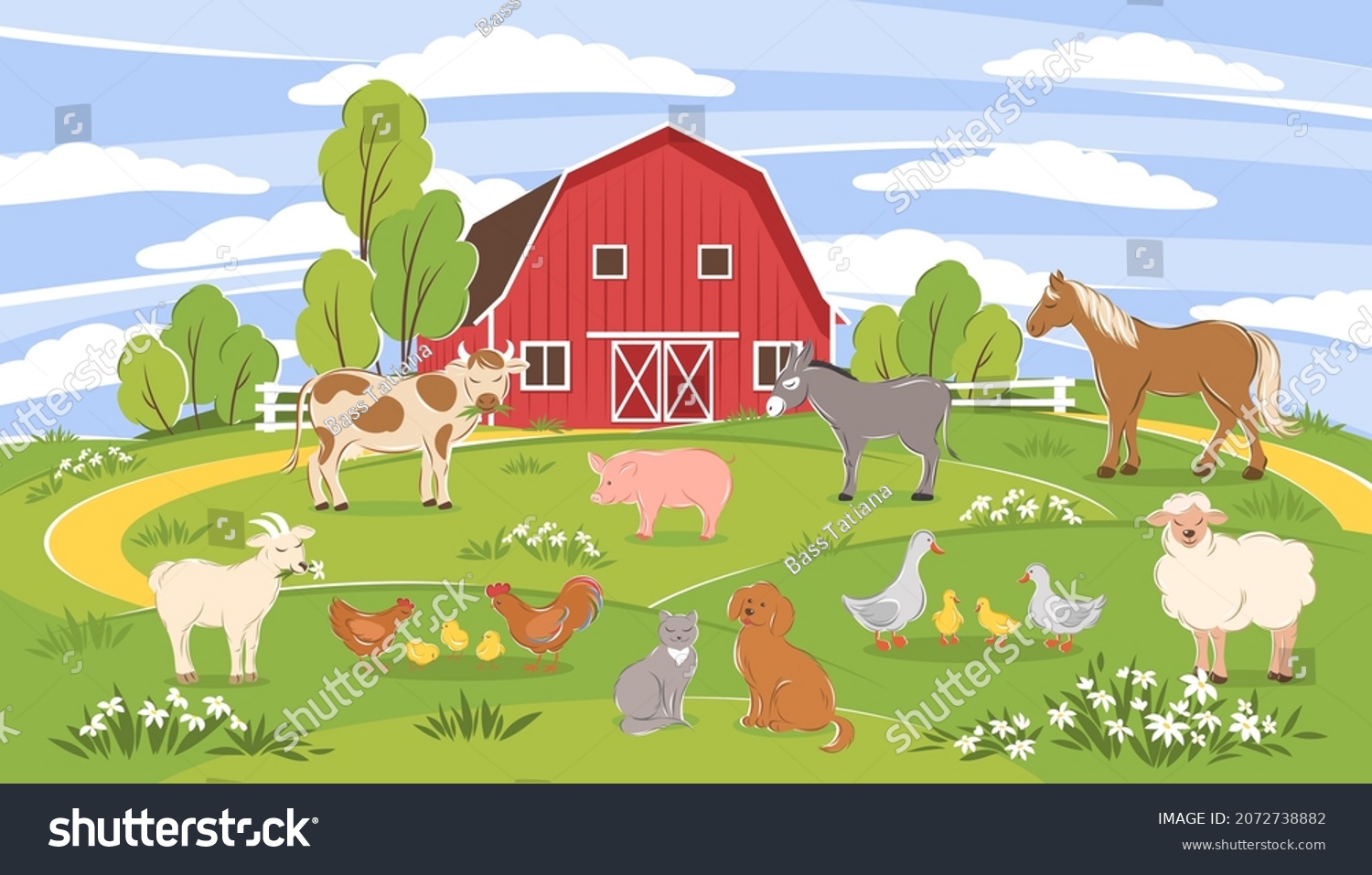 Farm Animals Landscape Horse Cow Donkey Stock Vector (Royalty Free ...