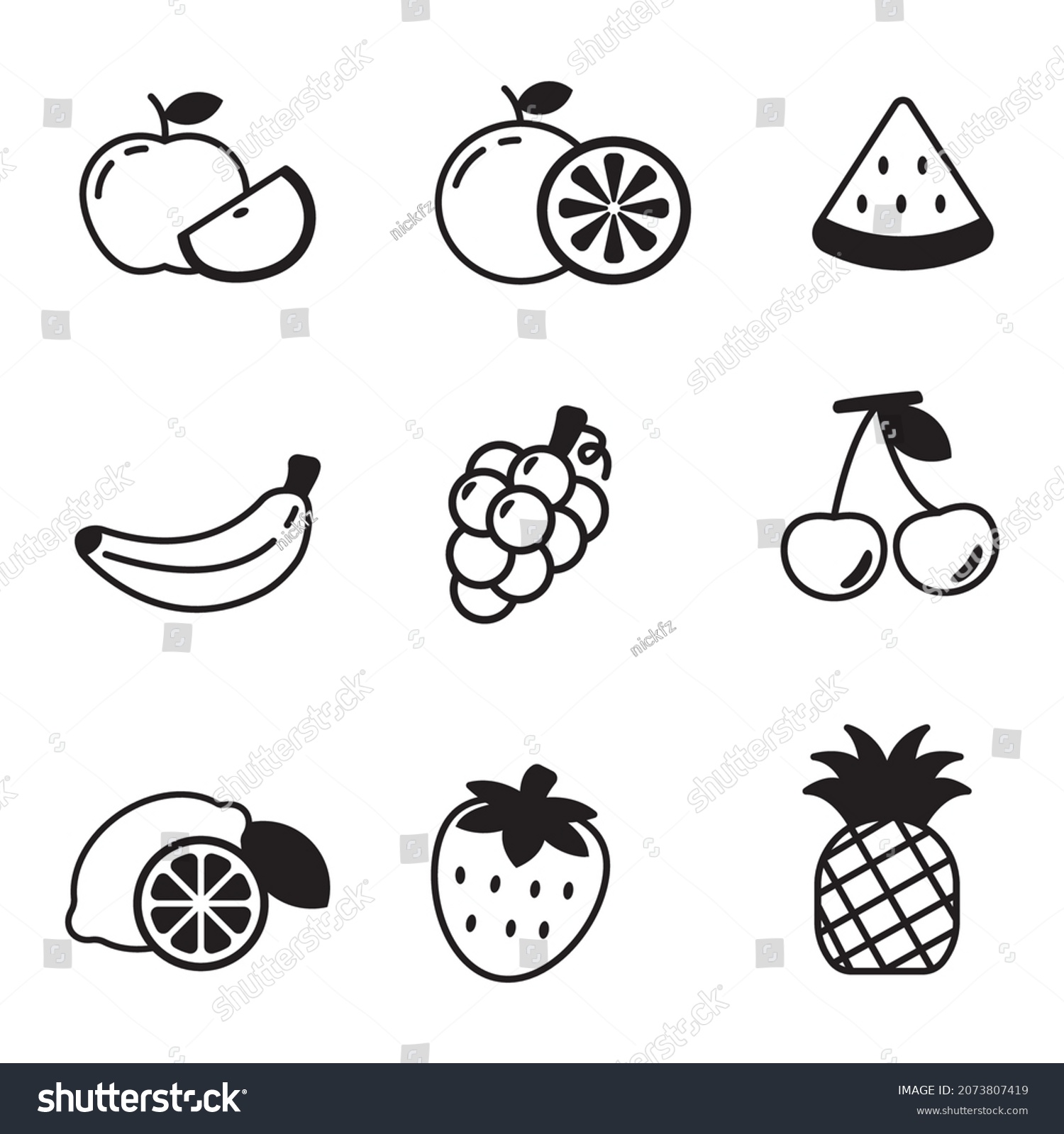 Set Fruit Icon Black Color Isolated Stock Vector (Royalty Free ...