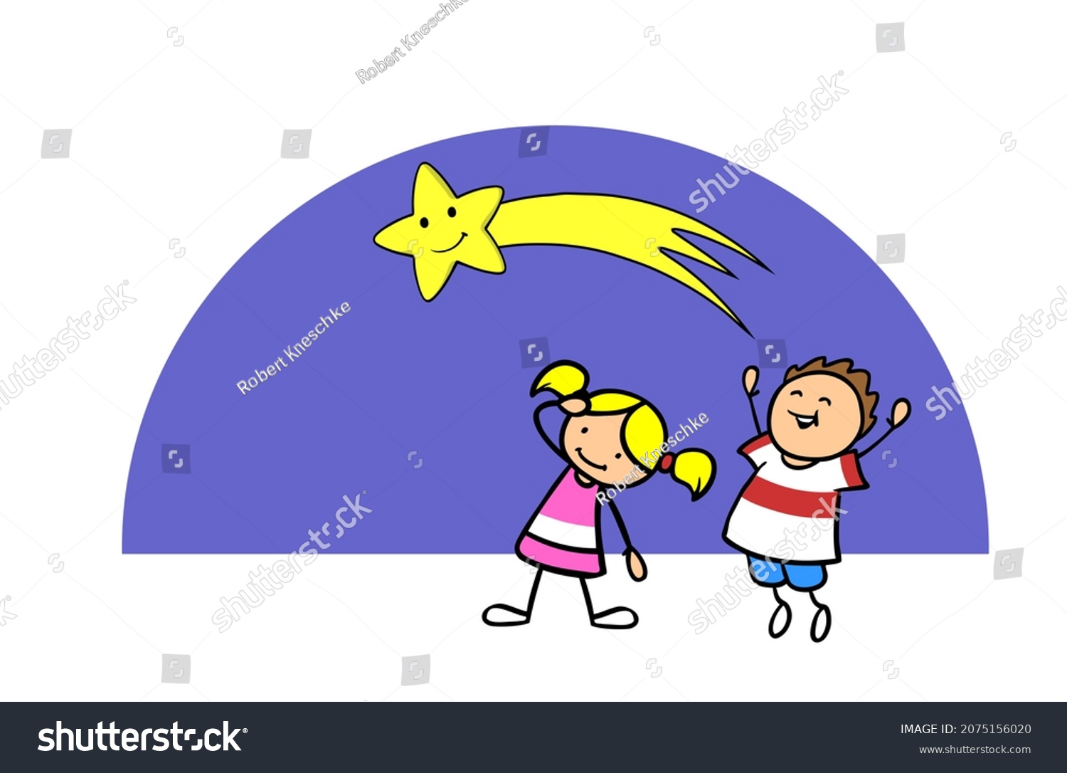 children-happy-see-shooting-star-night-stock-illustration-2075156020