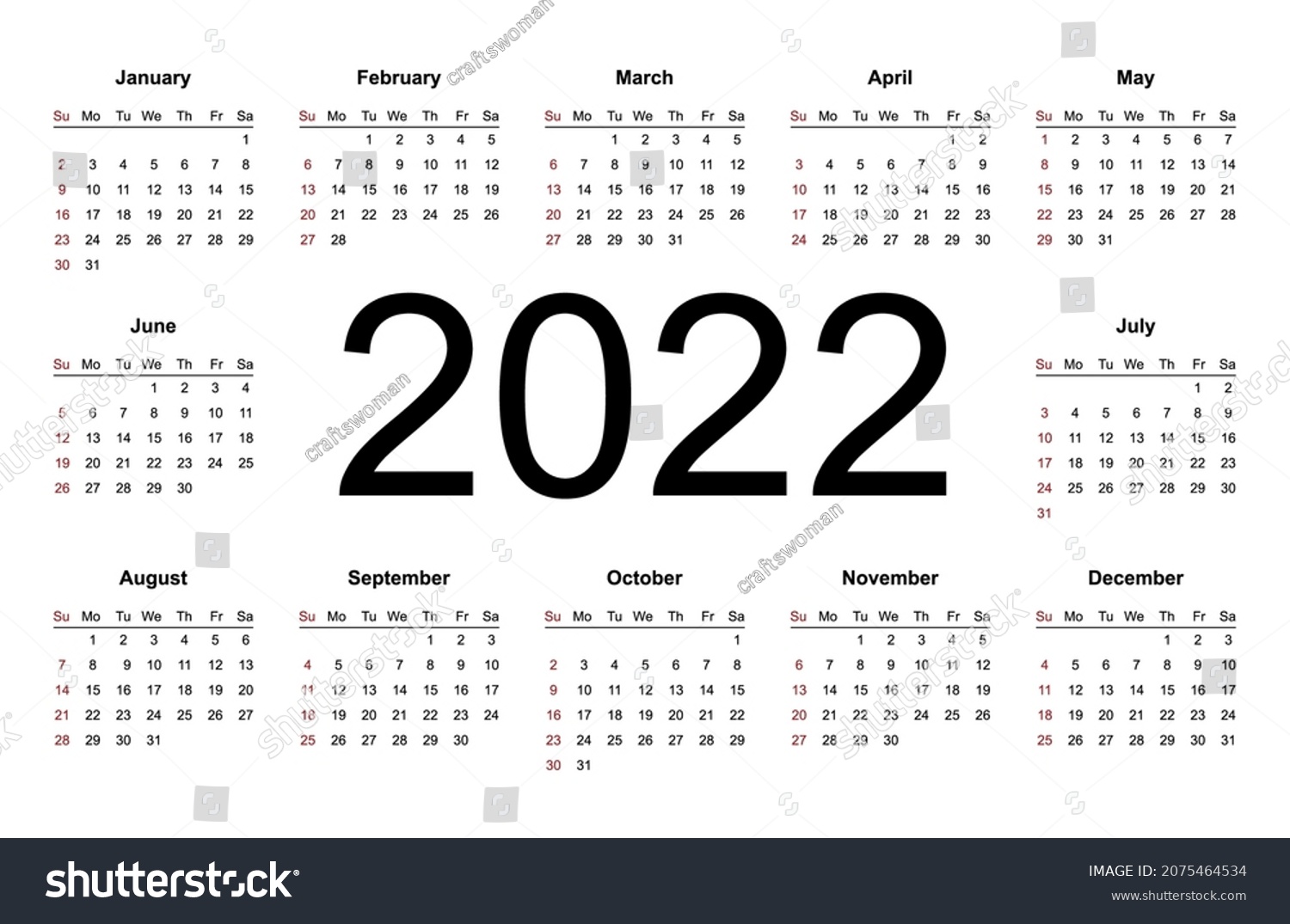 Calendar Template 2022 Year Week Starts Stock Vector (Royalty Free ...