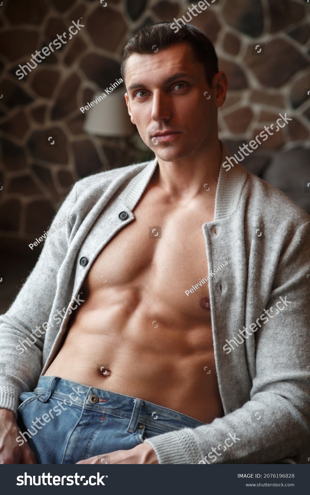 Portrait Attractive Sexy Nude Man Interior Stock Photo