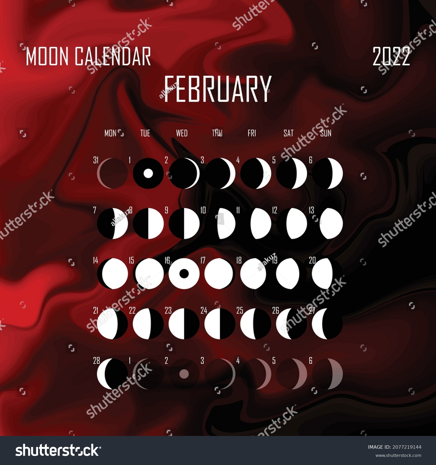 February 2022 Moon Calendar Astrological Calendar Stock Vector (Royalty