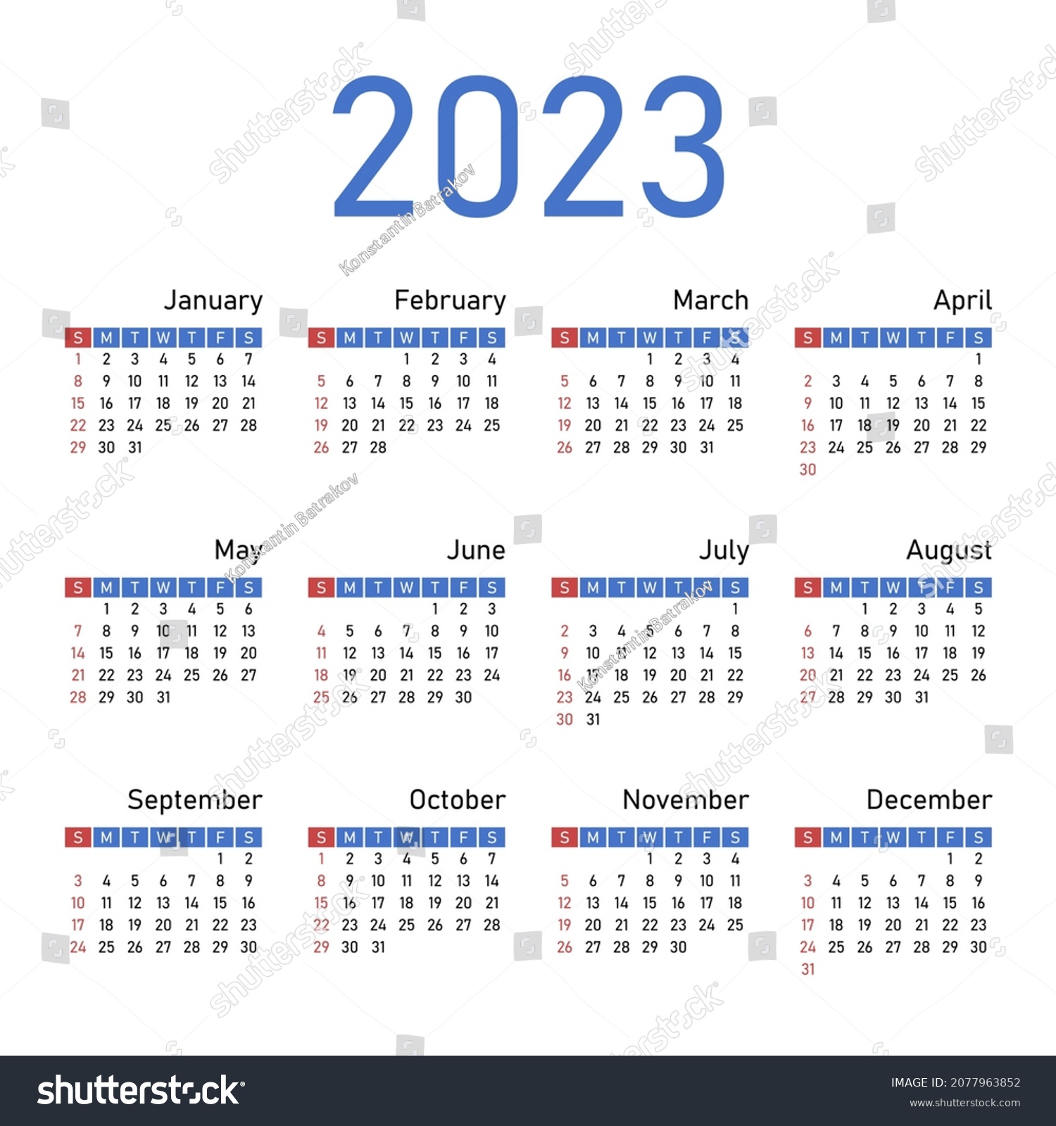 English Calendar 2023 Week Starts On Stock Vector (Royalty Free ...