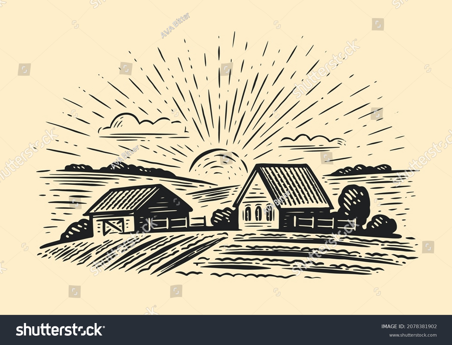 Village Houses Farmland Sketch Style Rural Stock Vector (Royalty Free ...