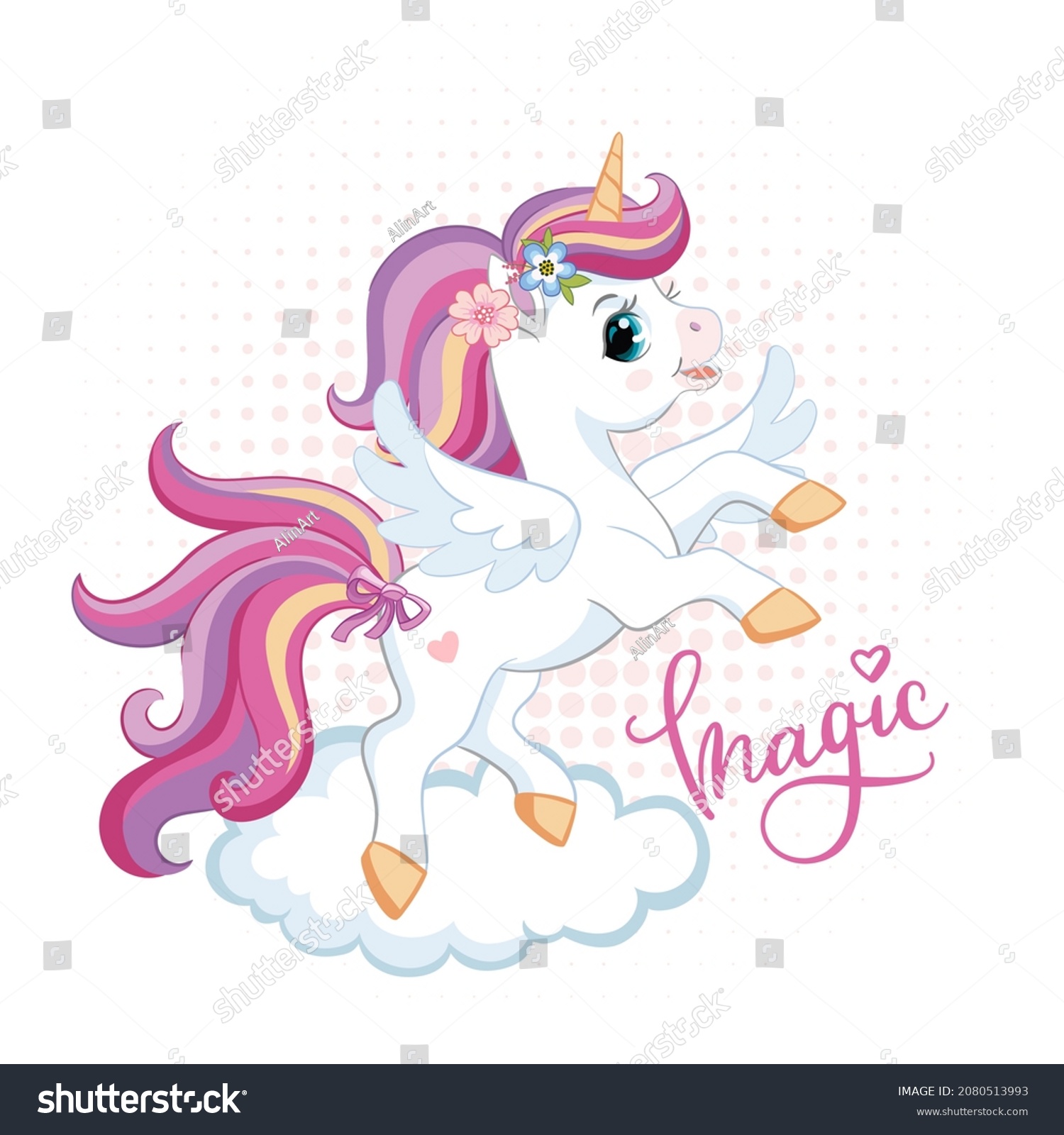 Cute Cartoon Unicorn Wings Rainbow Lettering Stock Vector (Royalty Free ...