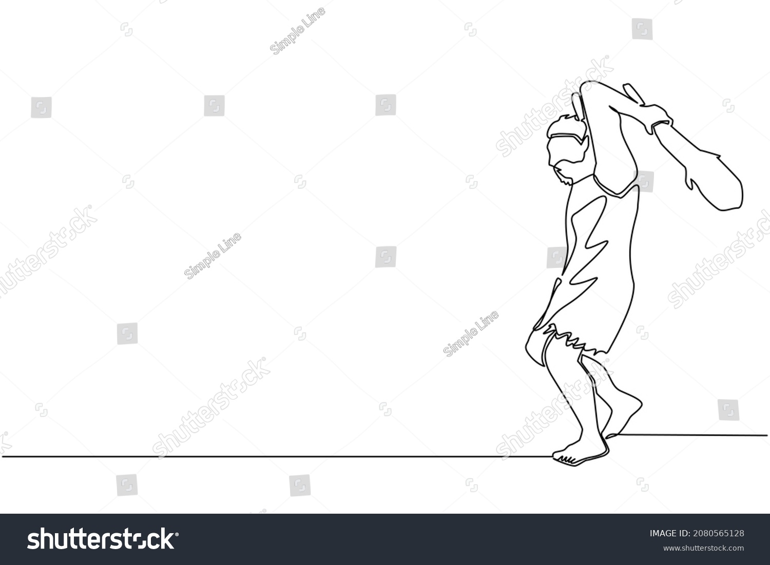 Single Continuous Line Drawing Caveman Holding Stock Vector Royalty   Stock Vector Single Continuous Line Drawing Caveman Holding And Raised Cudgel Overhead Prehistoric Man Hunter 2080565128 