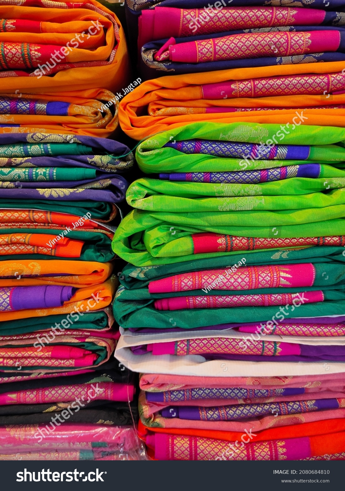 Closeup View Stacked Colours Saris Sarees Stock Photo 2080684810 ...