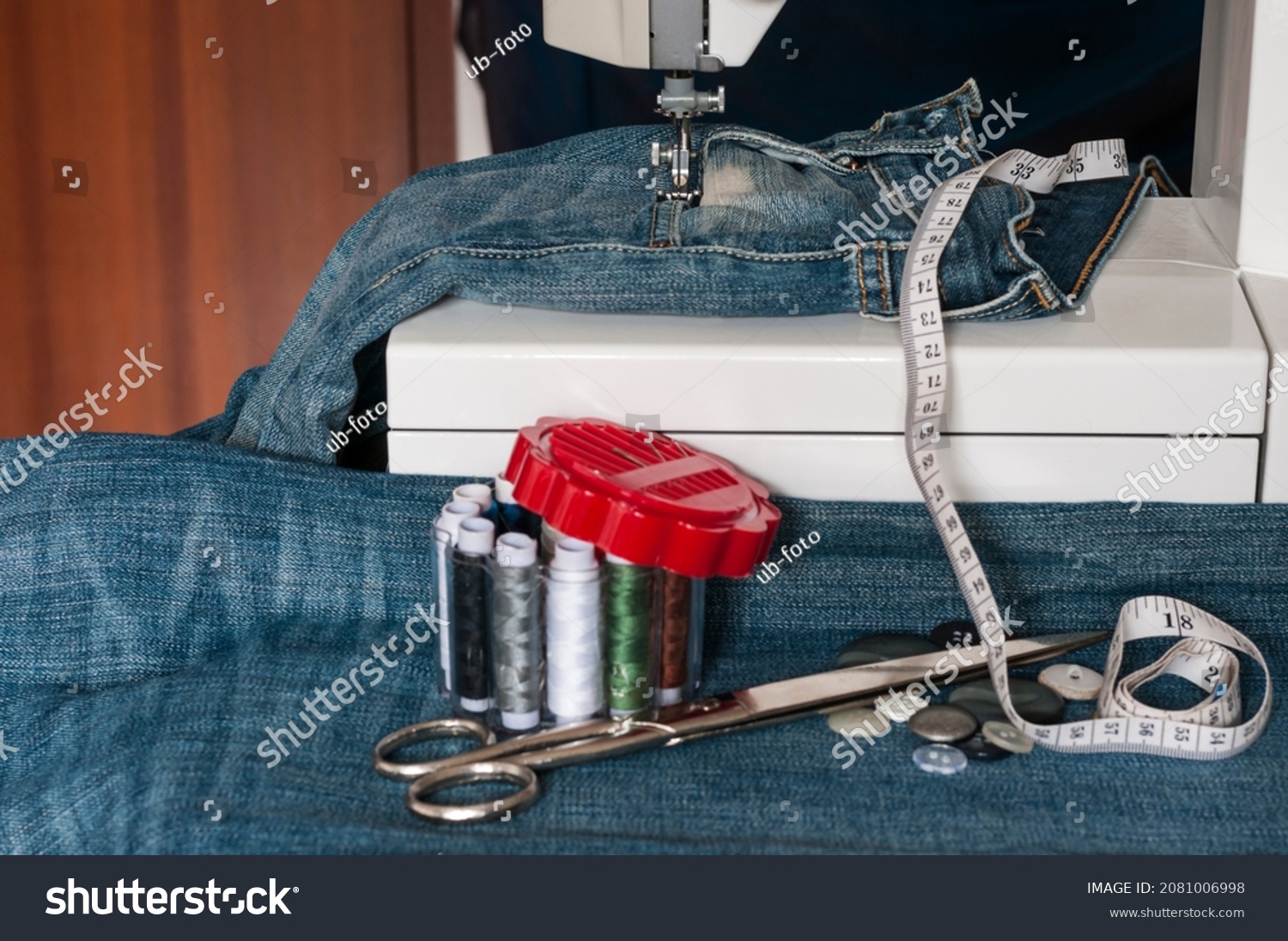 Repair Blue Jeans Sewing Machine Stock Photo 2081006998 Shutterstock