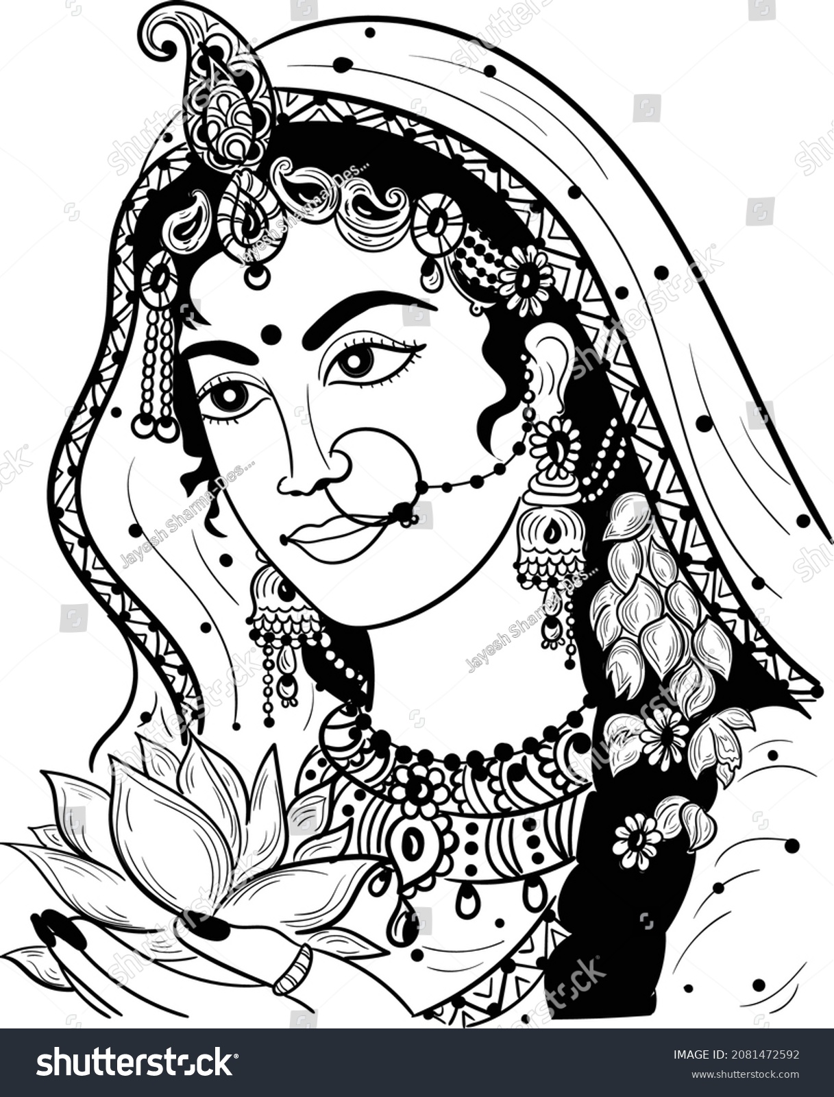 Traditional Indian Women Painting Line Art Stock Vector (Royalty Free ...