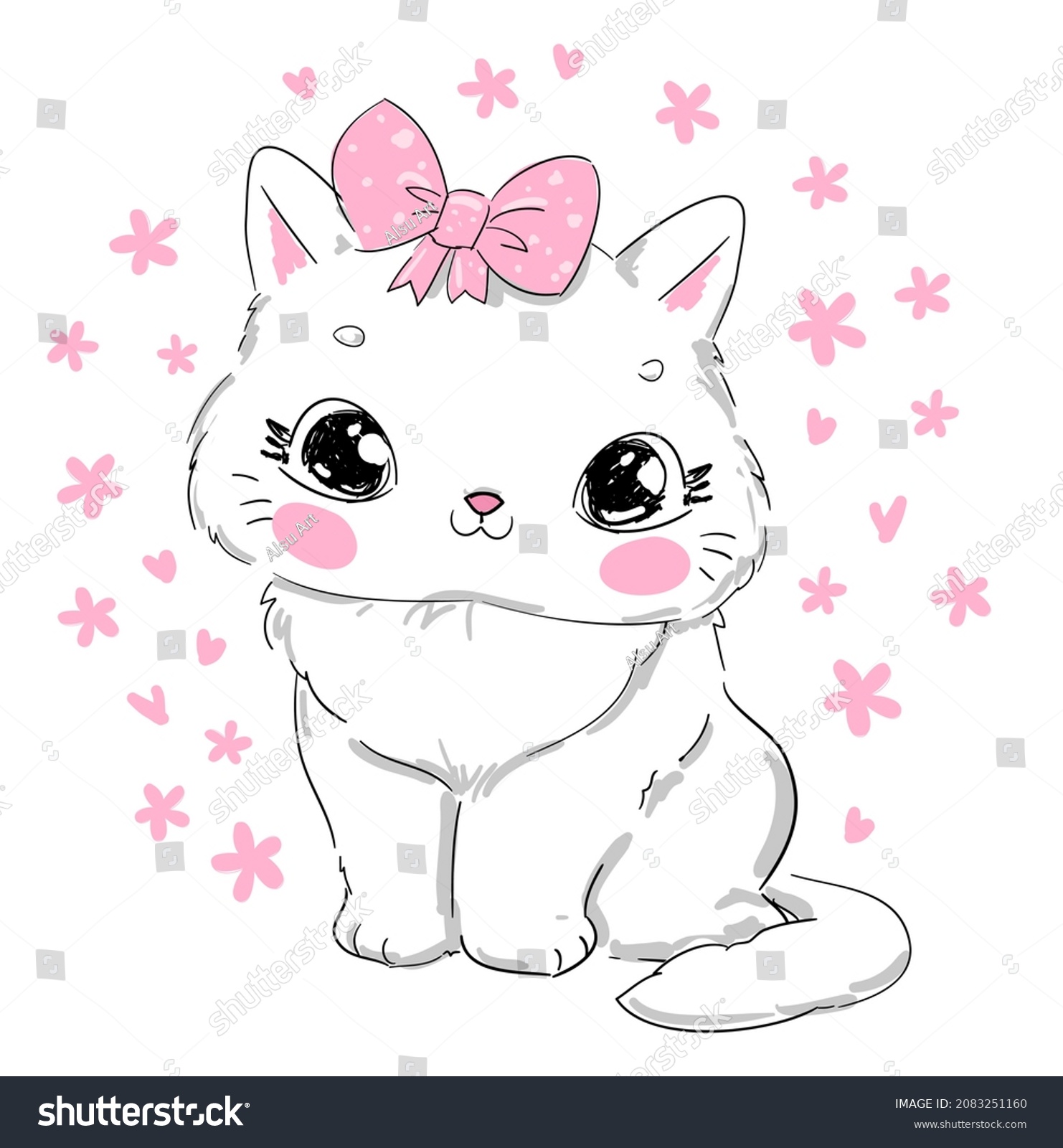 Hand Drawn Cute Cat Bow Sketch Stock Vector (Royalty Free) 2083251160 ...