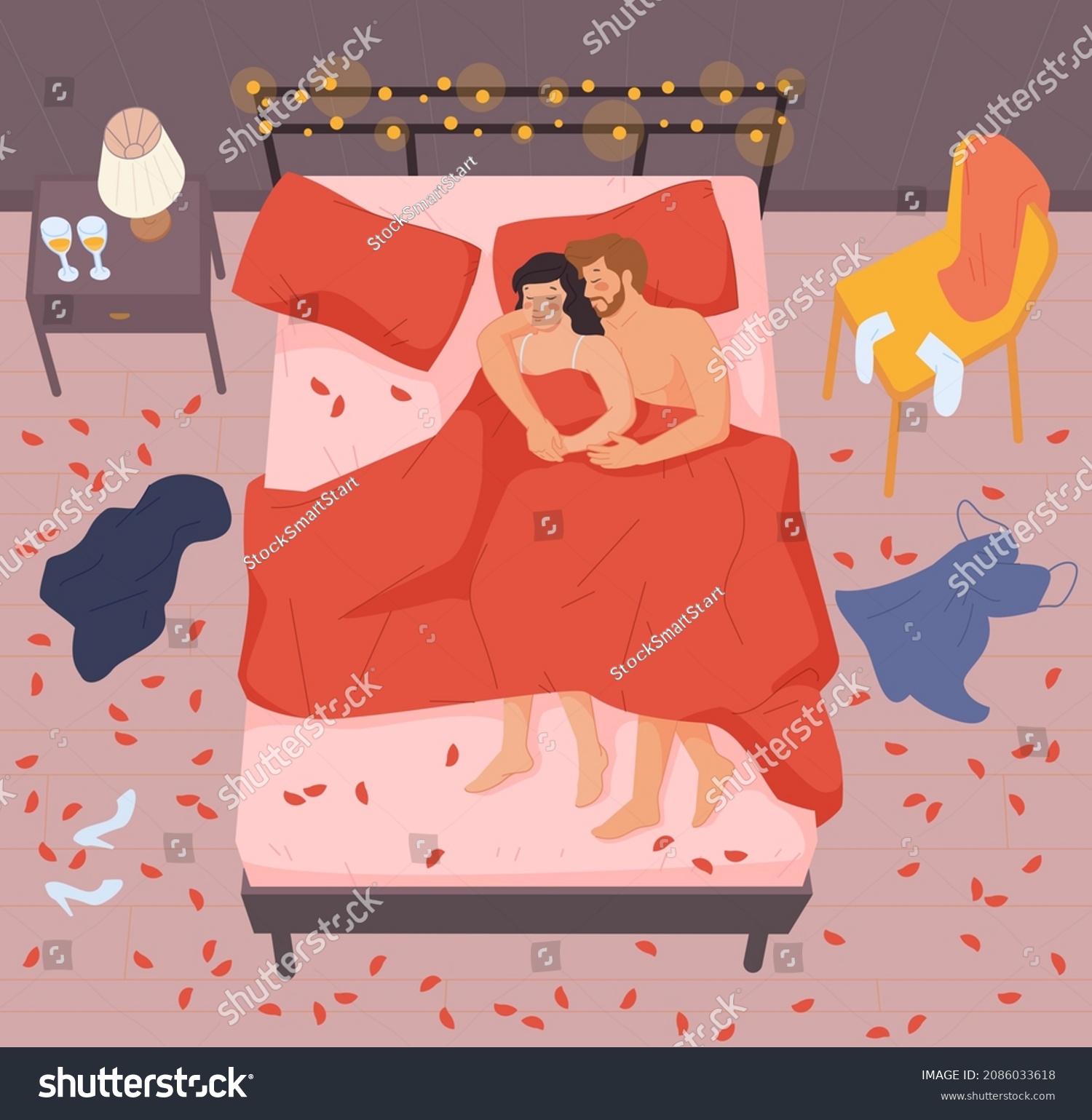 Romantic Couple Bed Man Hug Woman Stock