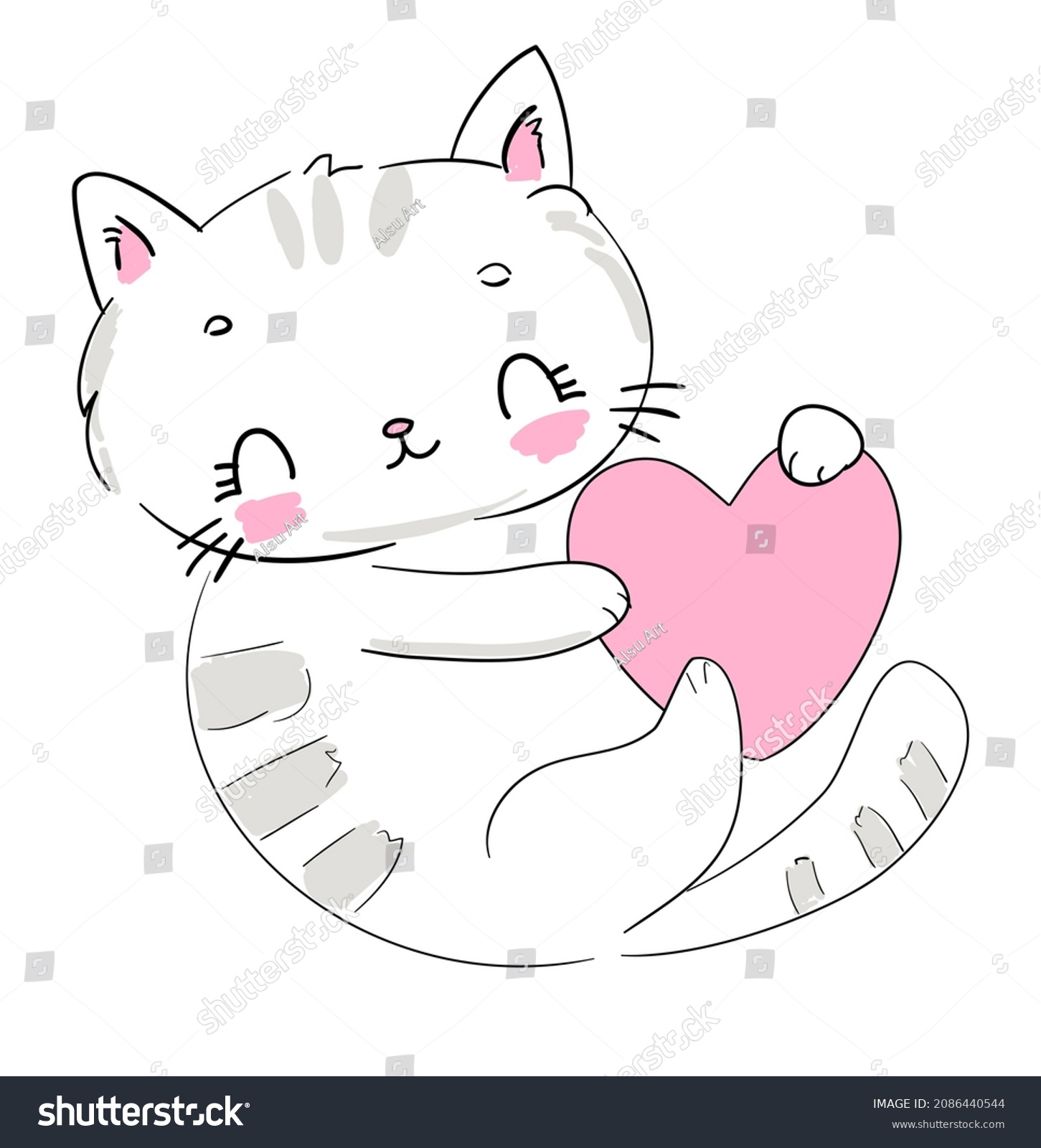 Cute Cat Pink Heart Sketch Illustration Stock Vector (Royalty Free ...