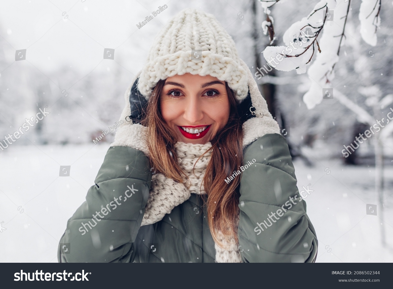 Close Portrait Happy Young Woman Snowy Stock Photo 2086502344 ...