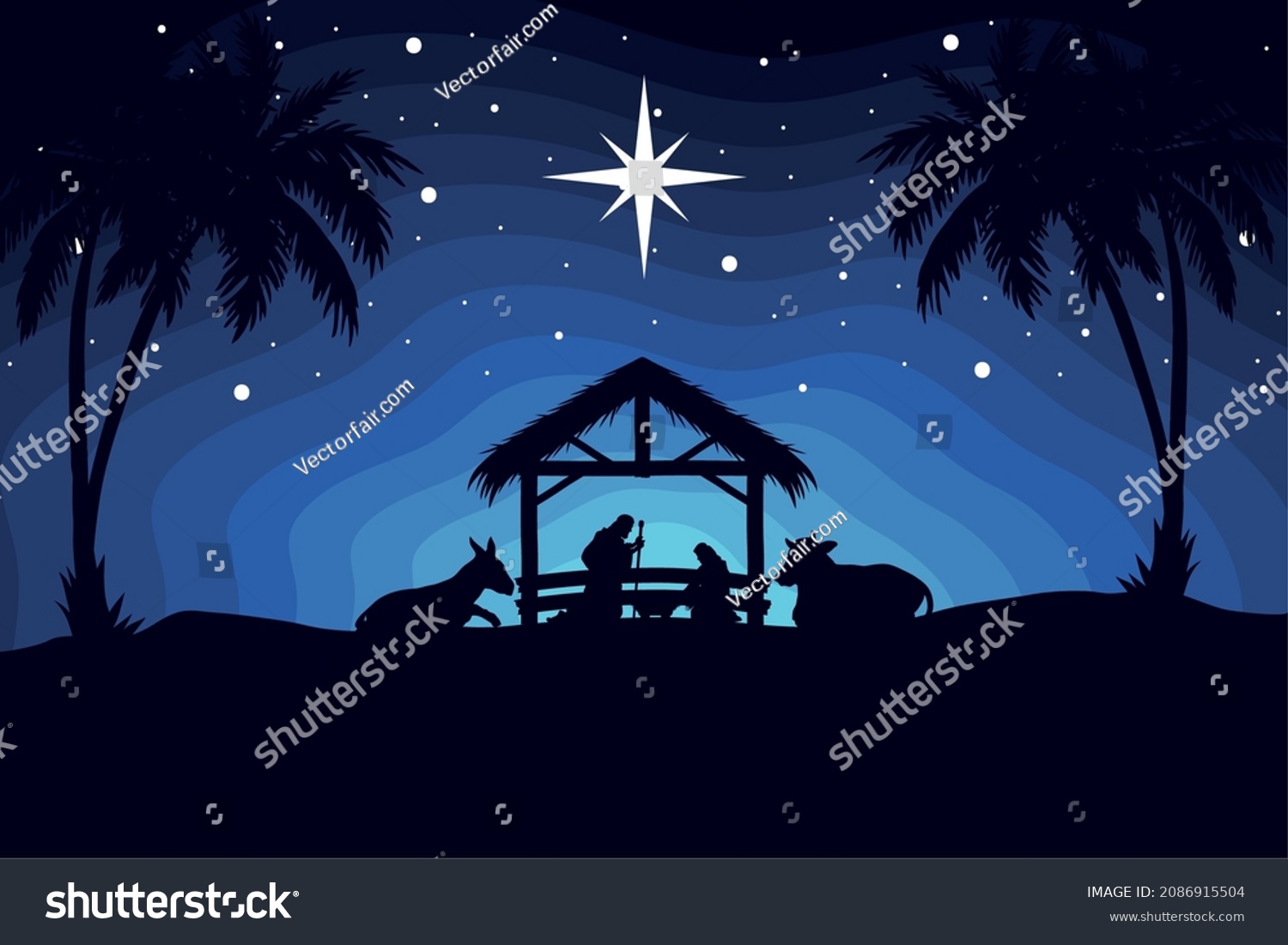 Nativity Manger Silhouettes Night Scene Stock Vector (Royalty Free ...