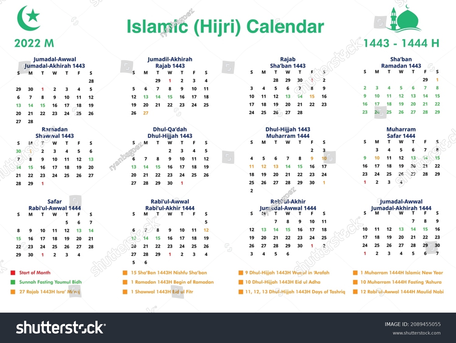 Islamic Hijri Calendar 14431444 H Year Stock Vector (Royalty Free ...