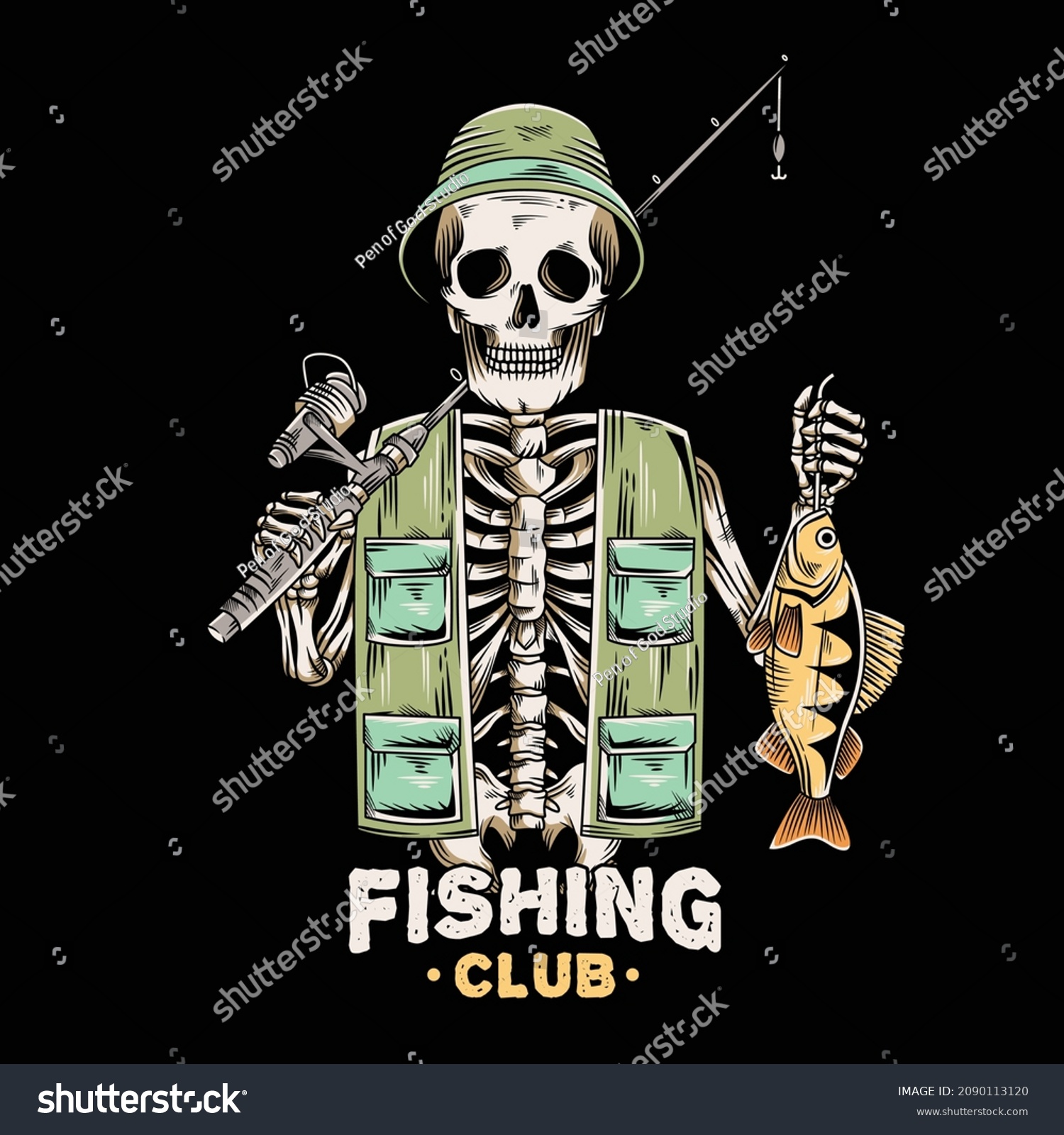 Vintage Skeleton Catch Fish Illustration Stock Vector (Royalty Free ...