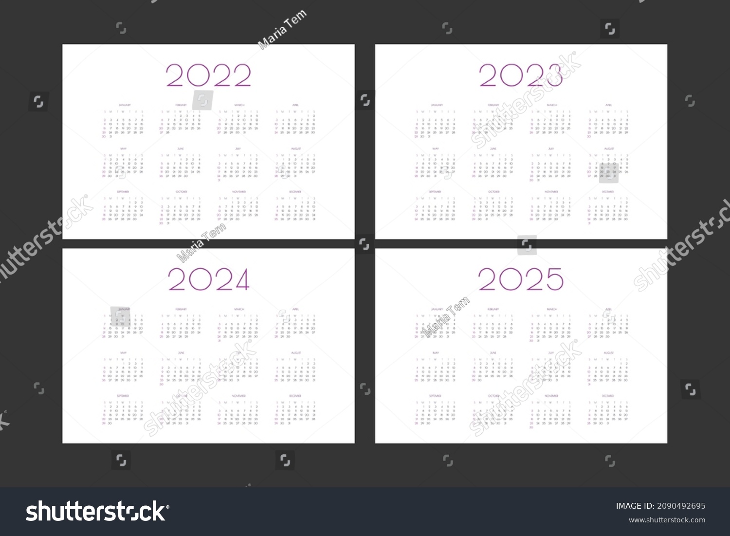 2022 2023 2024 2025 Calendar Individual Stock Vector (Royalty Free