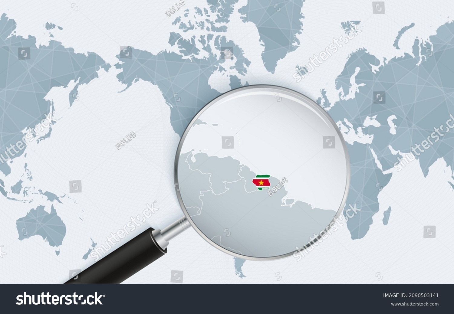 Enlarged Map Suriname On America Centered Stock Vector Royalty Free   Stock Vector Enlarged Map Of Suriname On America Centered World Map Magnified Map And Flag Of Suriname Vector 2090503141 