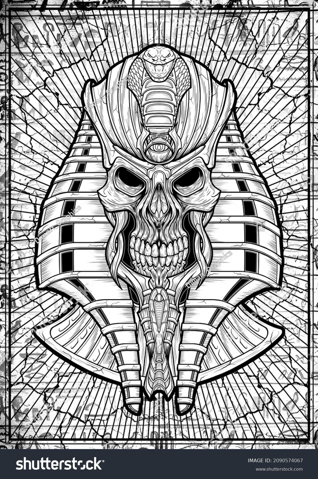 Terrible Skull Pharaoh Against Slab Hieroglyphs Stock Illustration ...