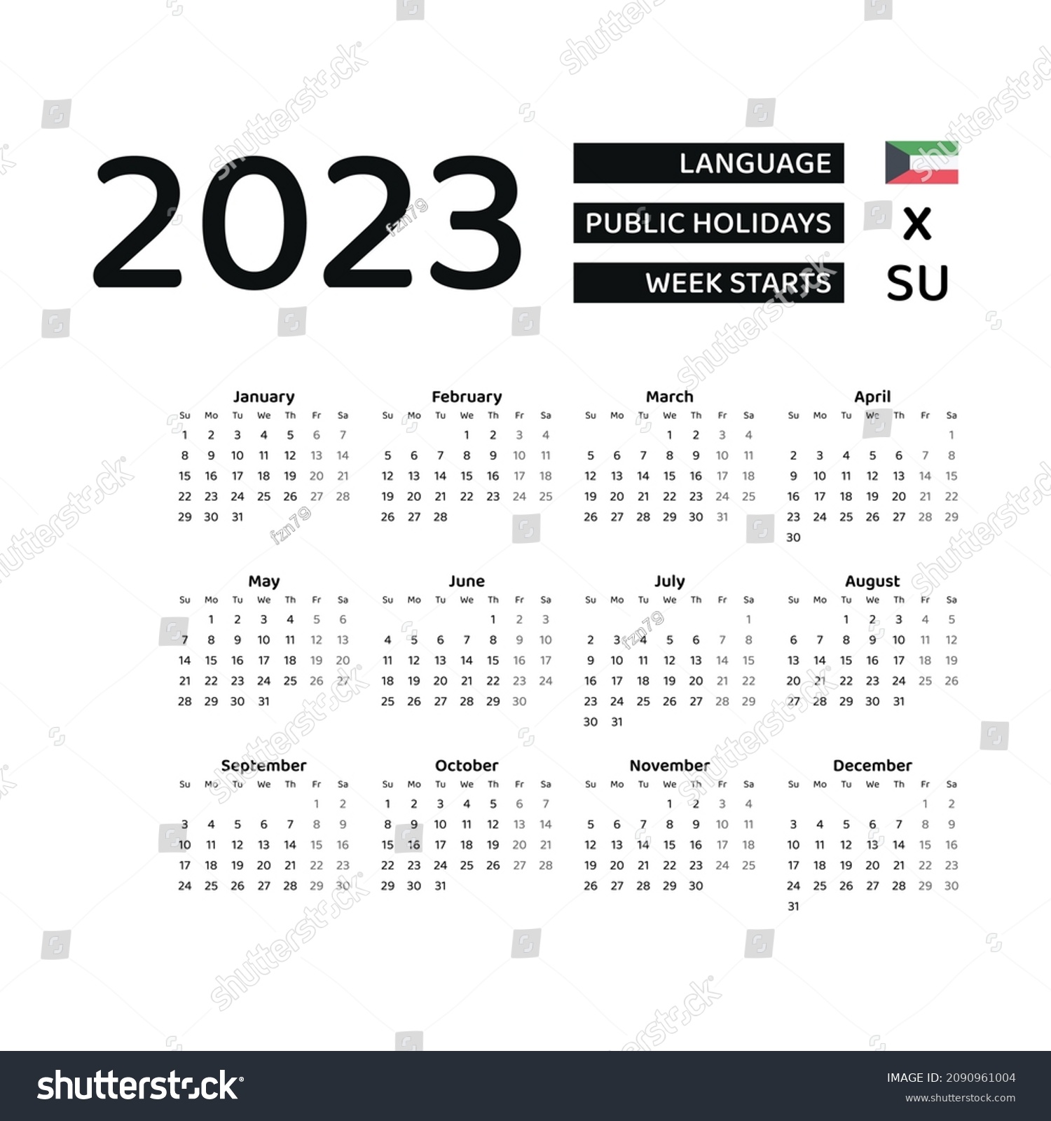 2023 Calendar With Holidays Kuwait Kuwait Calendar 2023 Week Starts Sunday Stock Vector Royalty Free 2090961004 Shutterstock